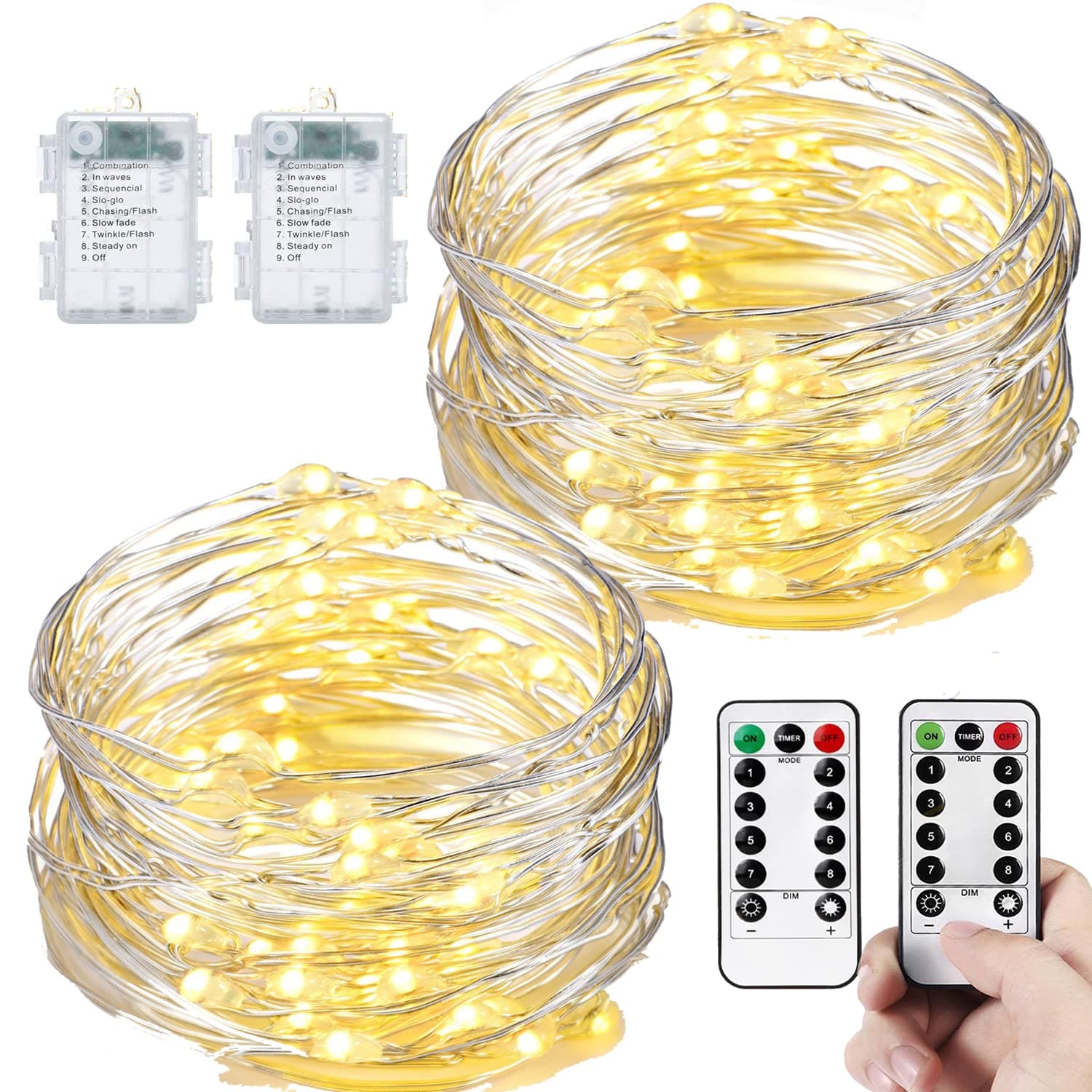 [2 Packs] Fairy Lights Outdoor Waterproof, LeMorcy Total 66ft 200LEDs Battery Powered String Lights with 8 Modes Remote, Twinkle Lights for Garden Gazebo Backyard Patio Xmas Décor (Warm White Silver)