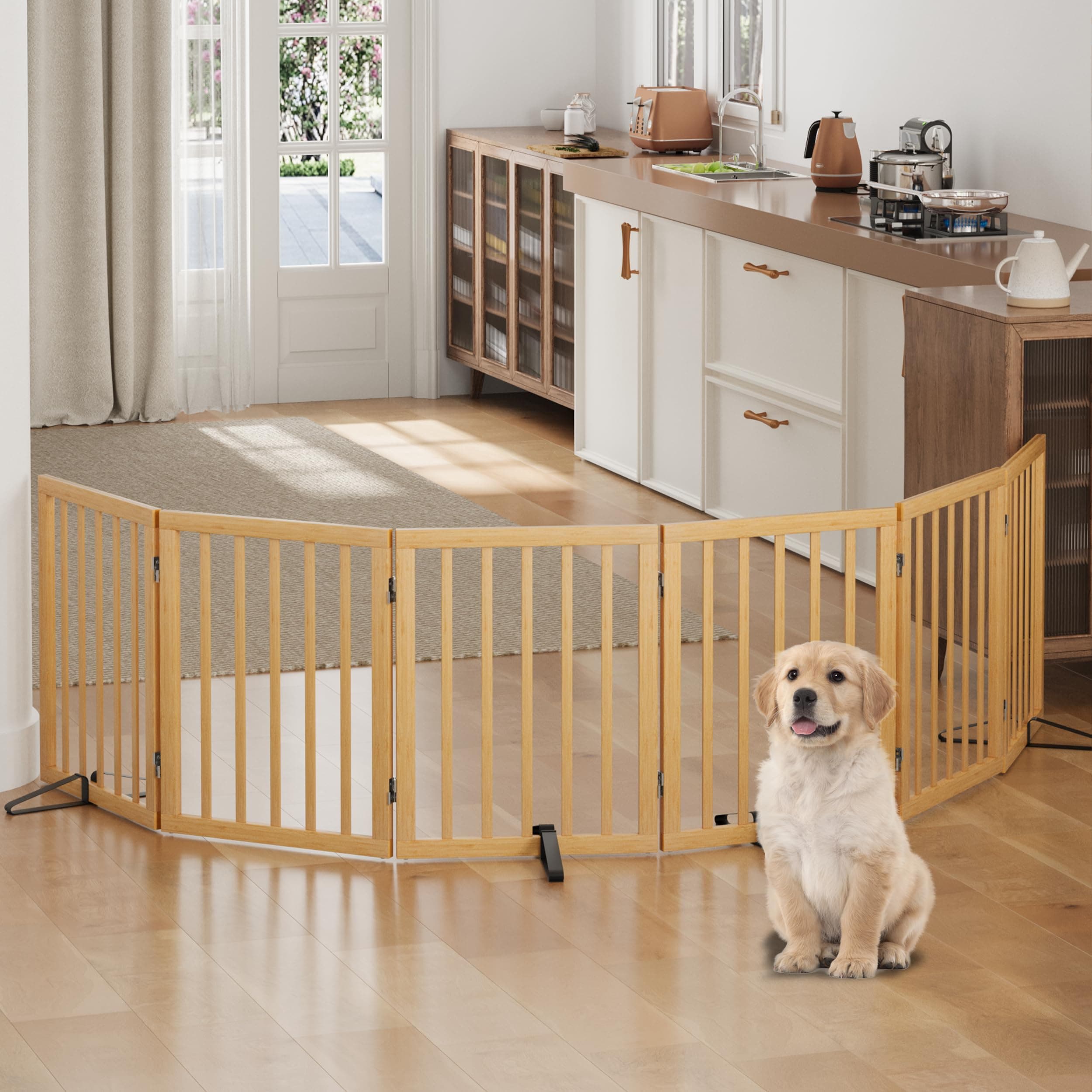 Dog Gate, Bamboo Freestanding Dog Gates for Doorways, Foldable Dog Gate Indoor, Pet Gates for Doorways Bedroom, Puppy Gate with Metal Support Feet, Room Divider 6 Panels (Natural)