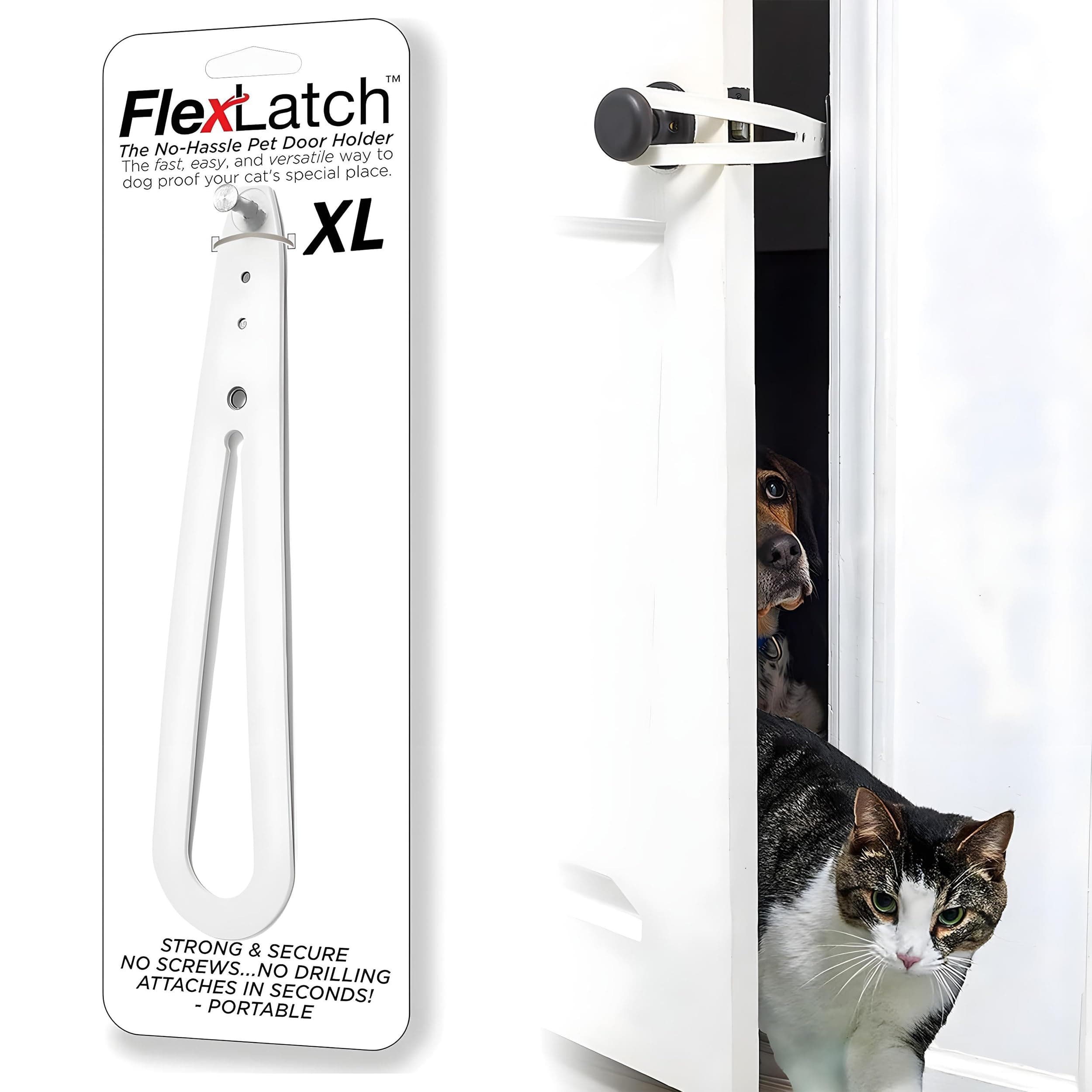 FlexLatch Cat Door Holder Latch - Extra Large Cat Door Alternative Installs Fast Flex Latch Strap Let's Cats in and Keeps Dogs Out of Litter & Food. Safe Baby Proof One Piece No Measuring Extra Easy