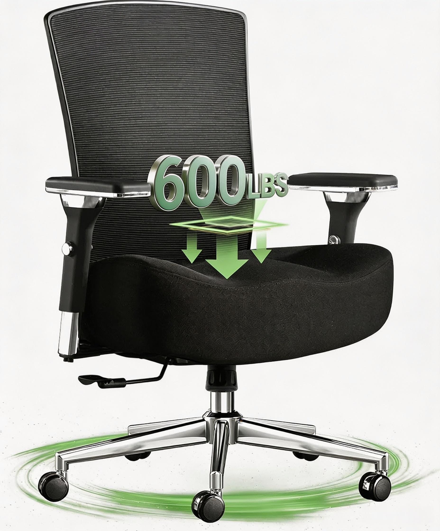 600lbs Big and Tall Office Chair with Wider W-Shaped Thick Seat Cushion, Ergonomic Computer Mesh Desk Chairs for Heavy People, Computer Chair, with Adjustable Lumbar Support, 4D Armrests