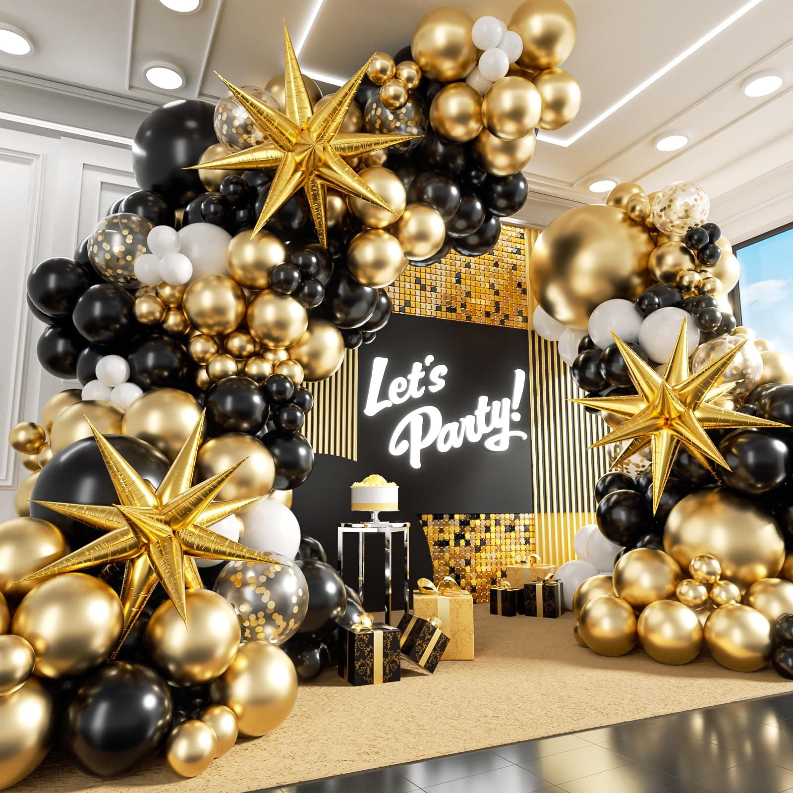 BAUANOOY Black And Gold Balloons Garland Bow Kit, Party Decoration With White Latex Confetti For Graduation 2024
