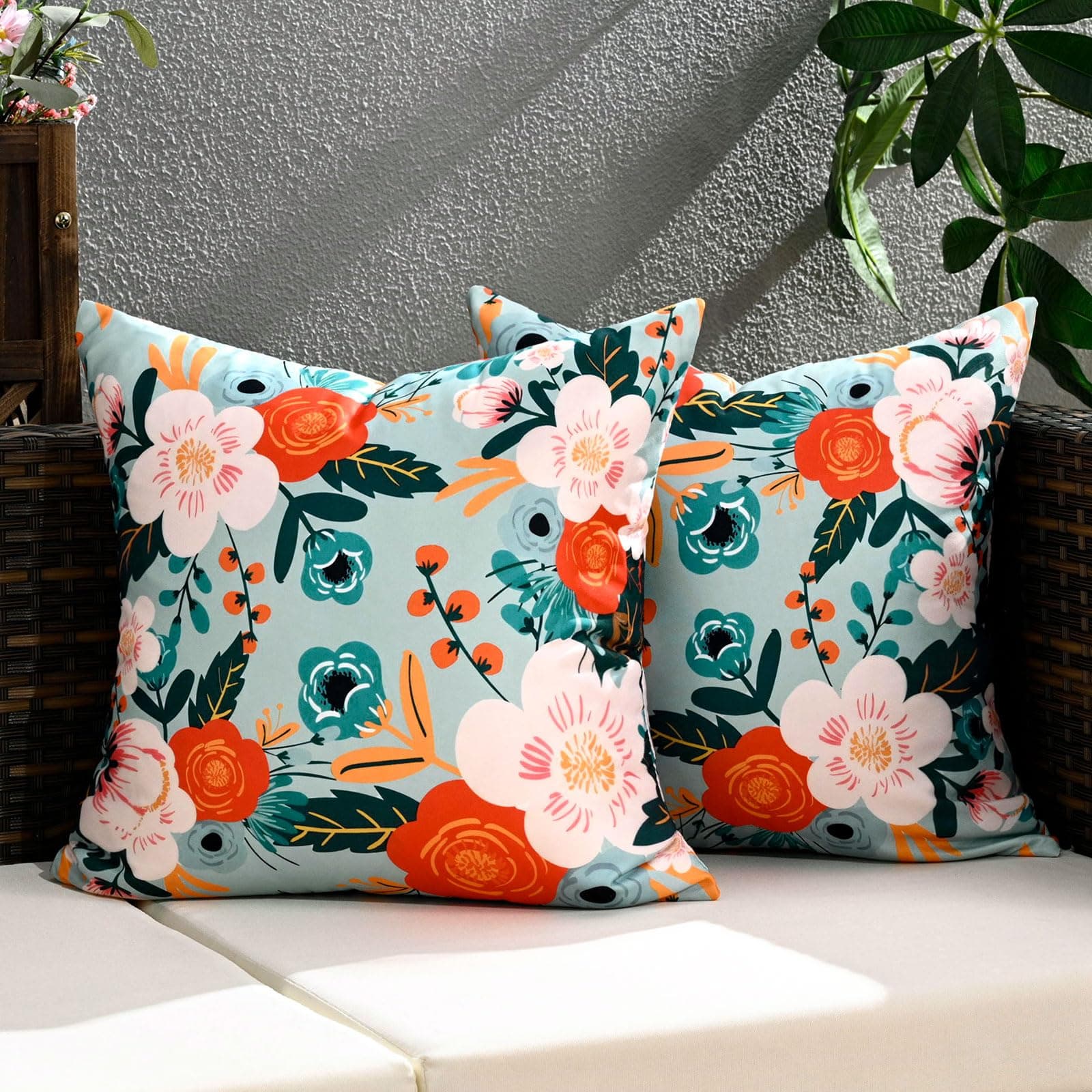 16x16 Outdoor Pillow Covers Fade Resistant Set of 2 Throw Pillow Covers 16x16 Waterproof for Patio Spring Summer Pillowcace Home Farmhouse Decor Green Red Pink Blossom Leaves Pillowcase for Porch