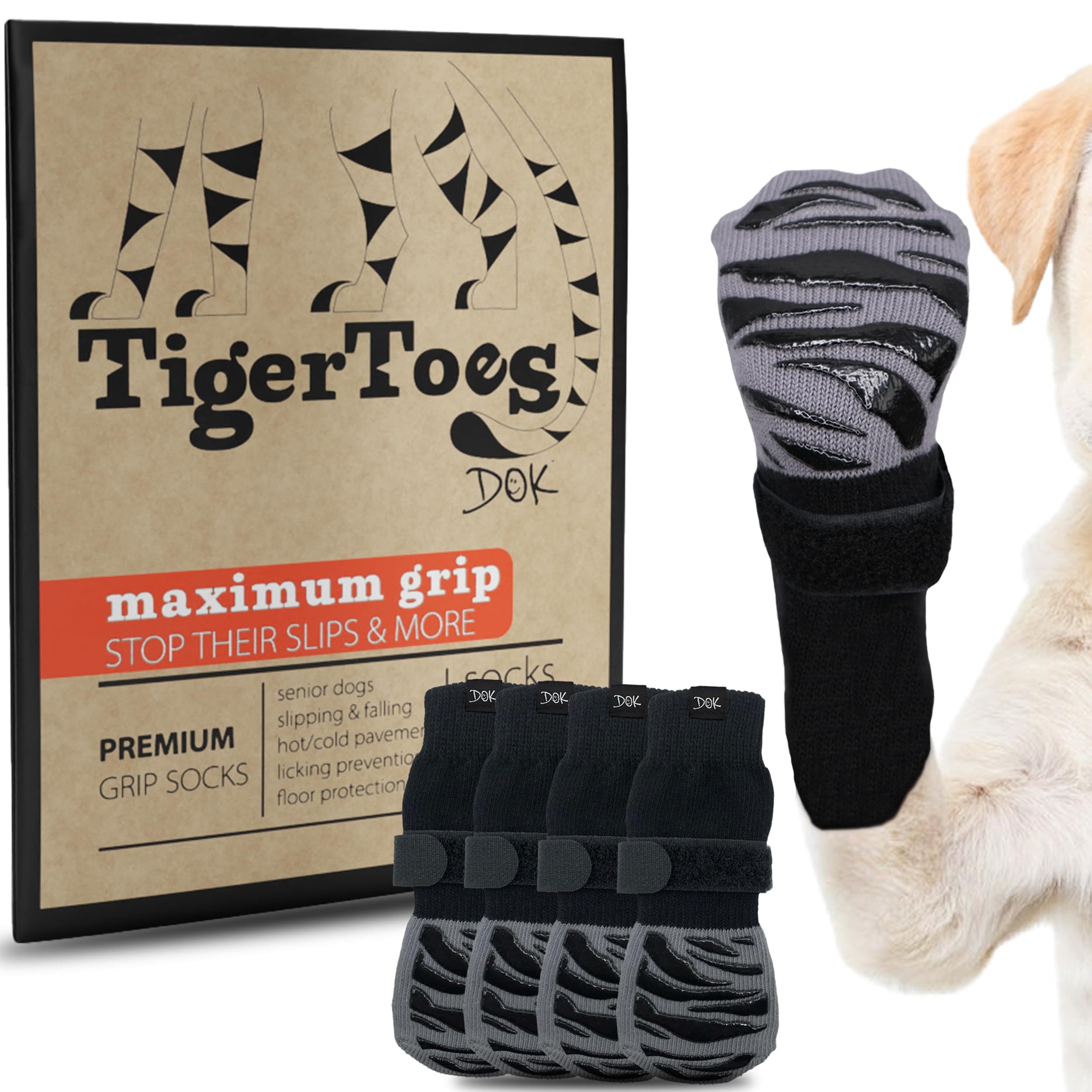 DOK TigerToes Premium Non-Slip Dog Socks for Hardwood Floors - Extra-Thick Grip that Works Even When Twisted - Prevents Licking, Slipping, and Great for Dog Paw Protection (XXL)