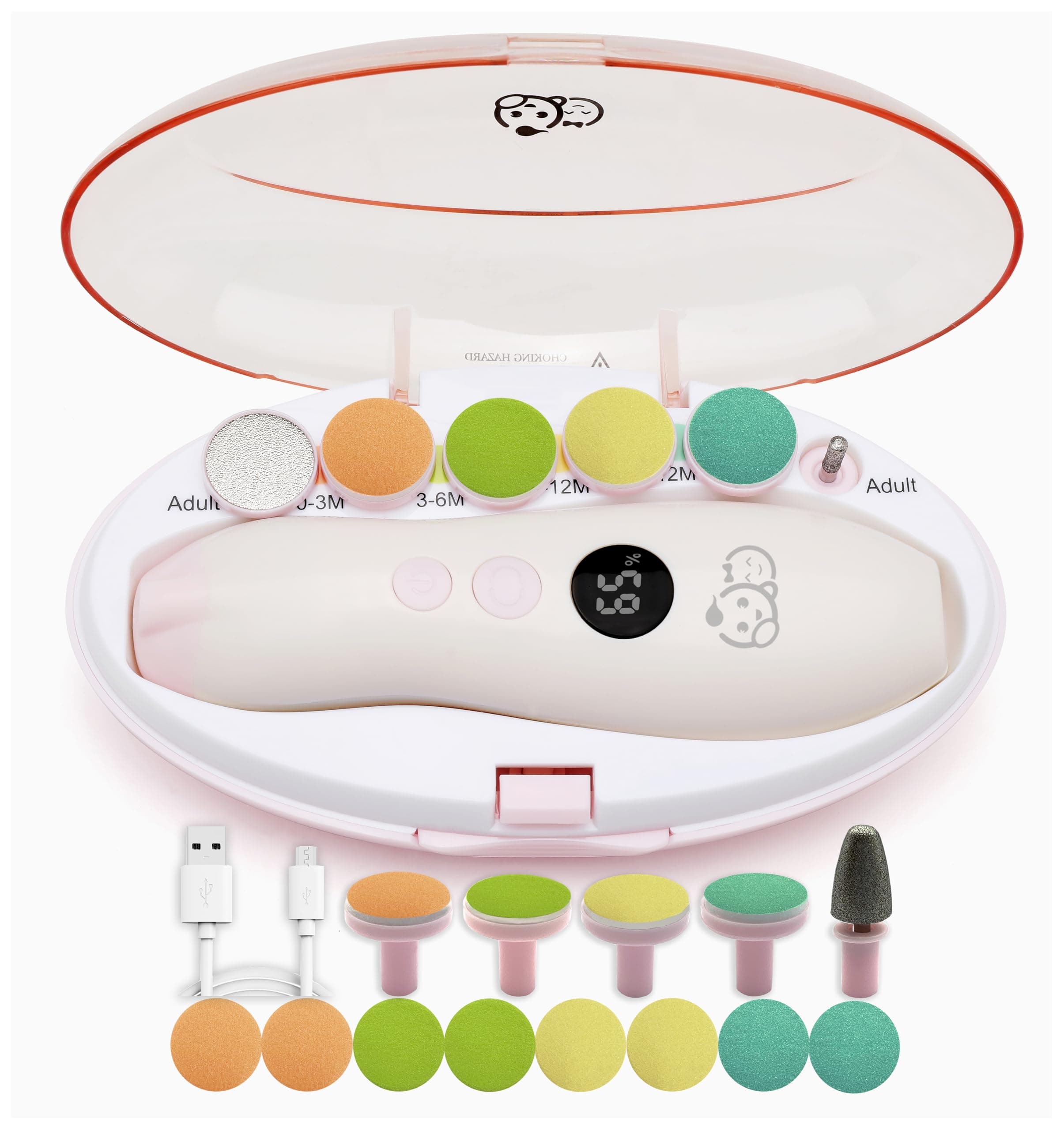 Royal Angels Rechargeable 22 in 1 Baby Nail Trimmer with LCD Display, Labeled Case, 13 Extra Pads, Safe Quiet LED Light Electric Baby Nail File Kit for Newborns Toddlers (WhitePink)