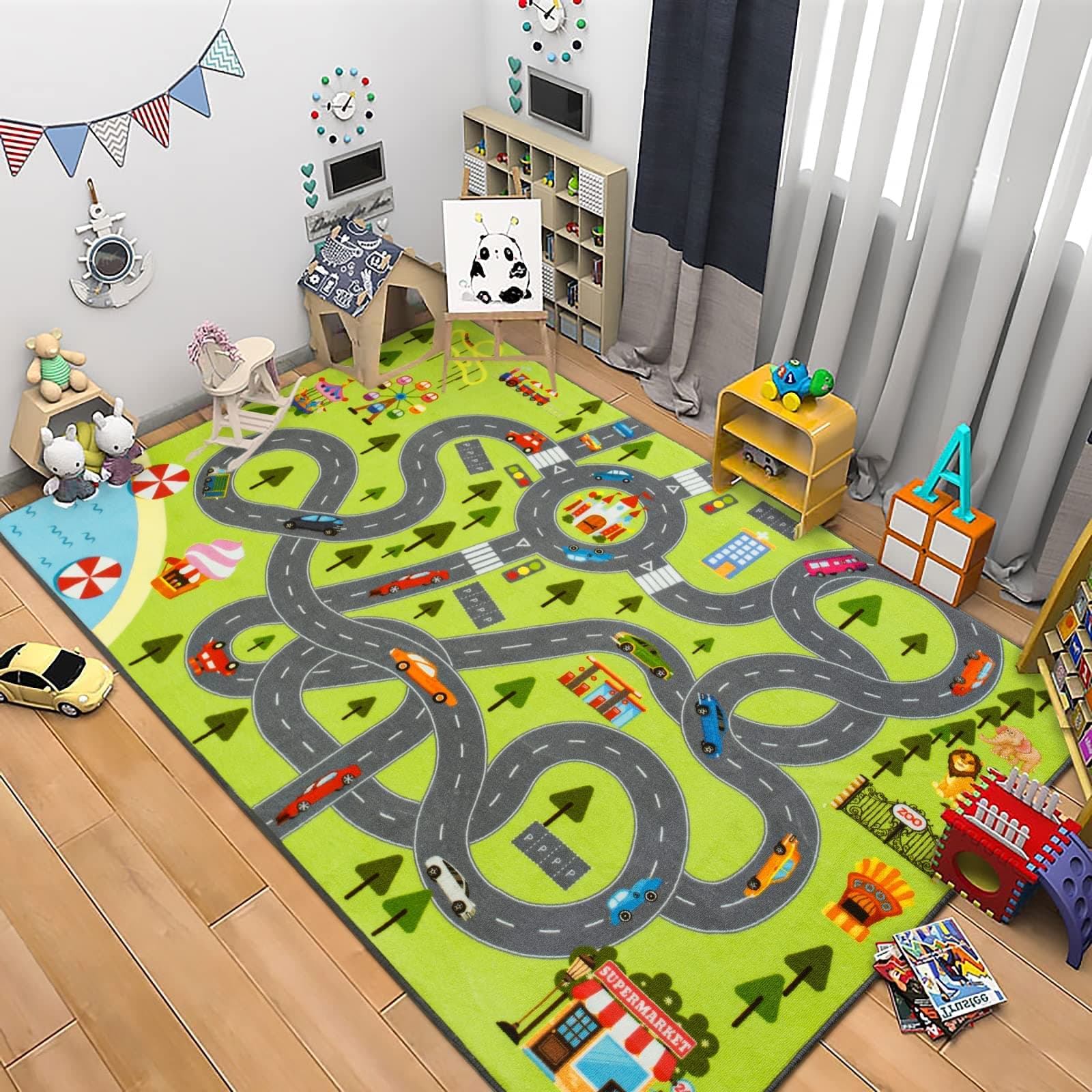 Homore Kids Play Mat Rug, Fun and Educational City Play Rug for Hot Wheels Track Racing and Toys, Kids Carpet Playmat Area Rug for Children Bedroom Play Room Nursery, 3x5 Feet