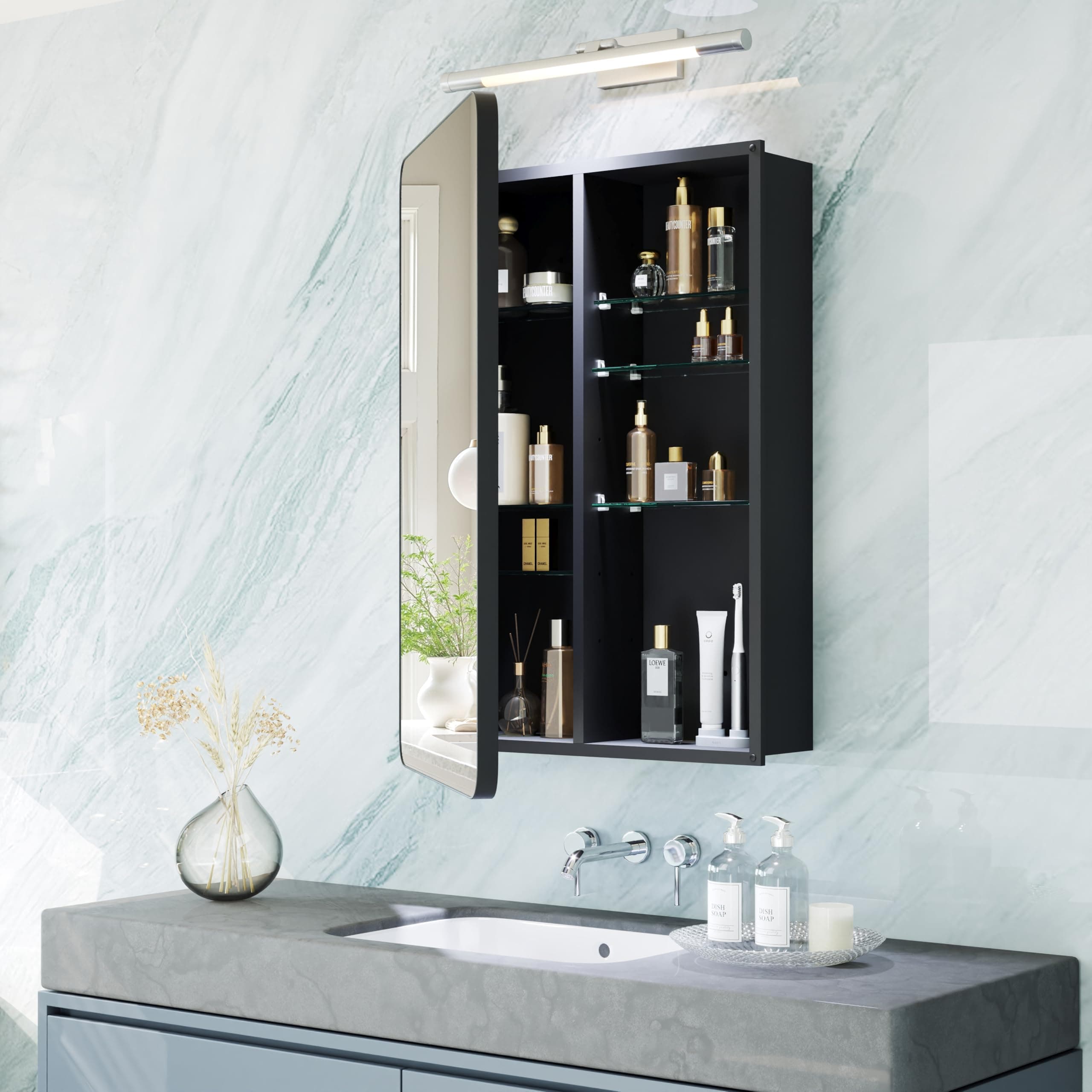 MemoCastle Modern Bathroom Mirror with Storage 16x24 Inch, Matte Black Aluminum Medicine Cabinet, Recessed or Surface Mount, 6 Adjustable Glass Shelves, Waterproof Vanity Organizer, DTC Hinges