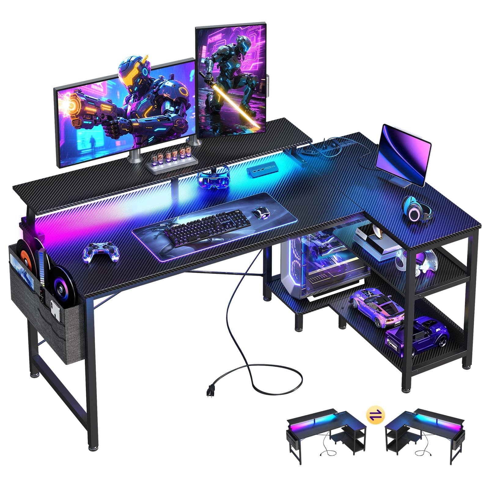 ODK 48 Inch L Shaped Gaming Desk with LED Lights, Power Outlets, Black