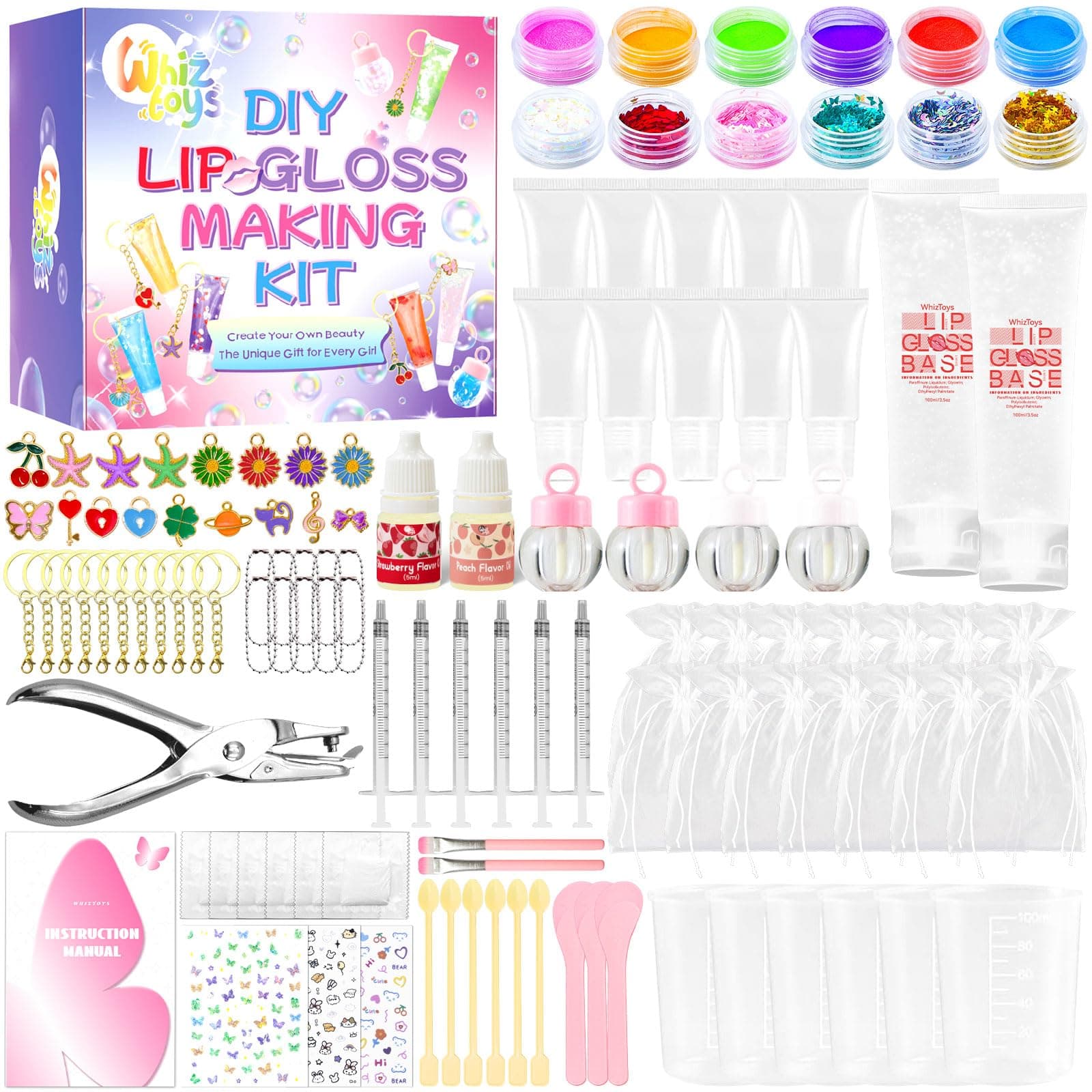 WhizToys Lip Gloss Making Kit for Girls, DIY Lip Gloss Keychain Set