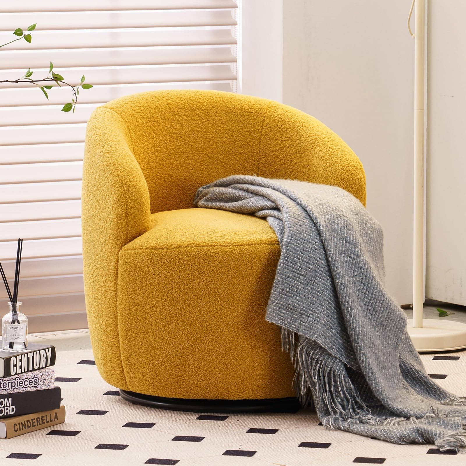 FOXHUNTER Swivel Barrel Chair, 360° Small Single Sofa Armchair Comfy Round Sofa Chair, Boucle Chairs Padded Armchair, Modern Round Accent Arm Chairs for Living Room Bedroom, Teddy Yellow