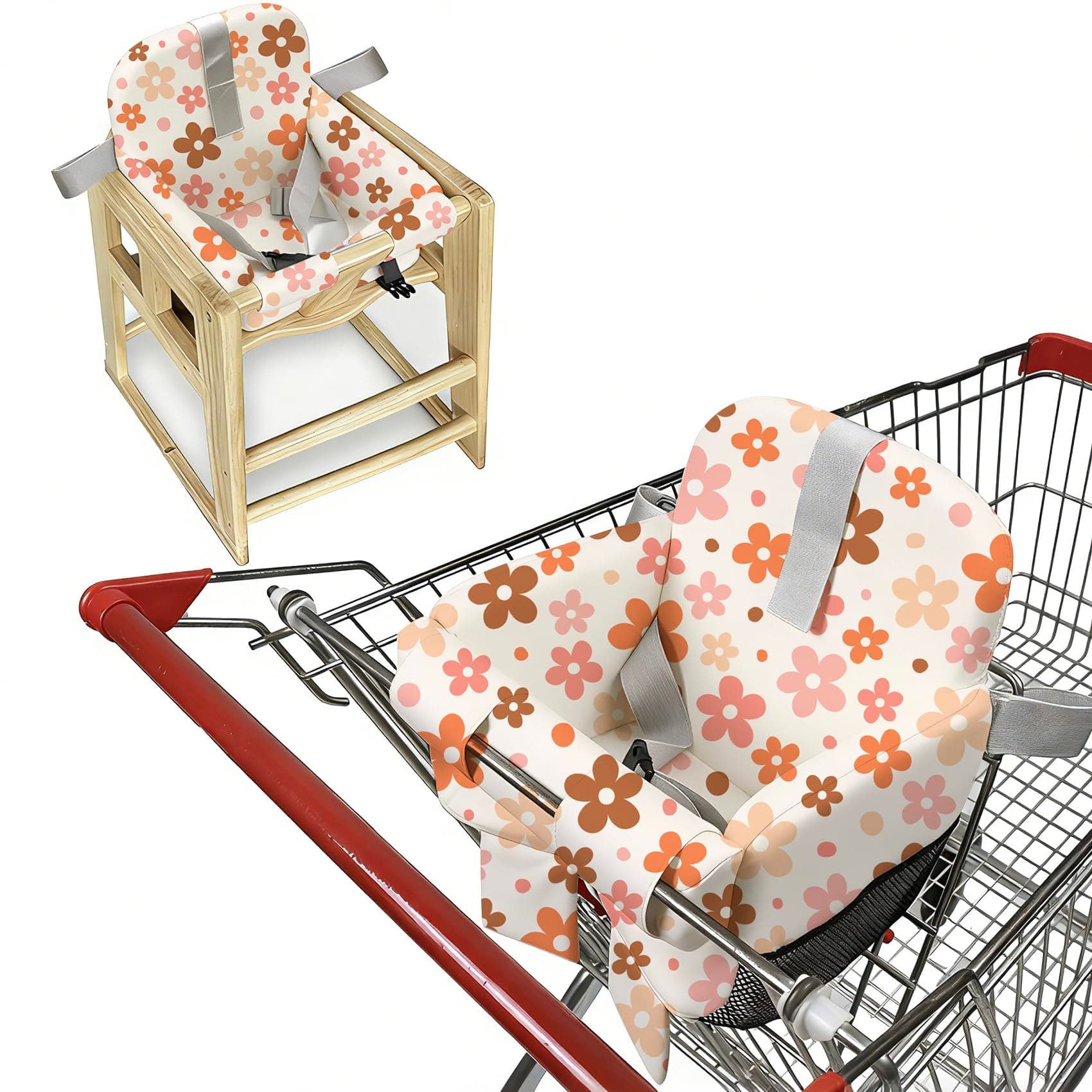 Shopping Cart Cover for Baby &High Chair Cover, Padded with Detachable Strap & Thigh Pad, Machine Washable, Padded Toddler Shopping Cart Cover Grocery Cart Cover (Floral)