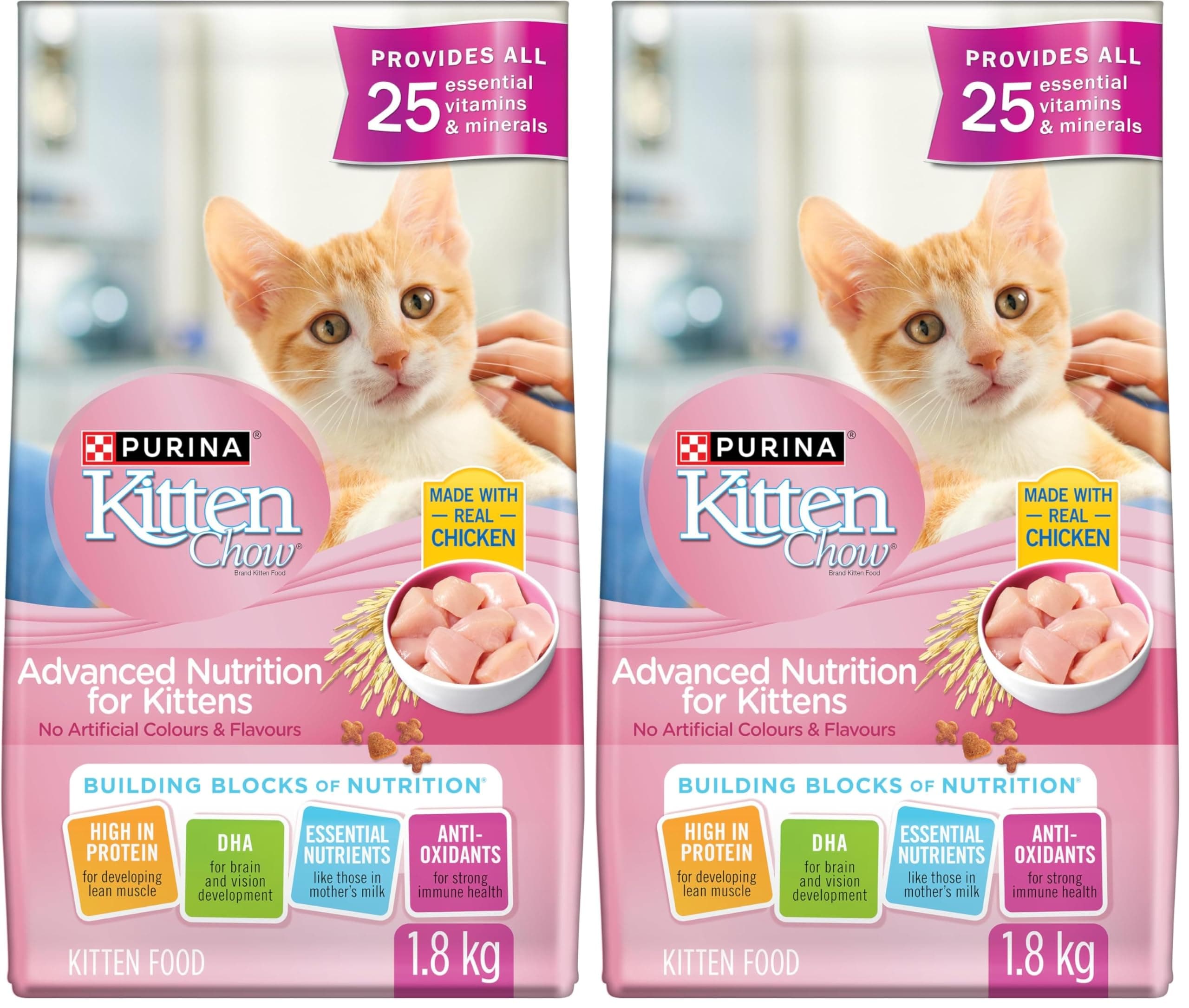Kitten Chow Dry Kitten Food, Advanced Nutrition with Real Chicken - 1.8 kg Bag (Pack of 2)