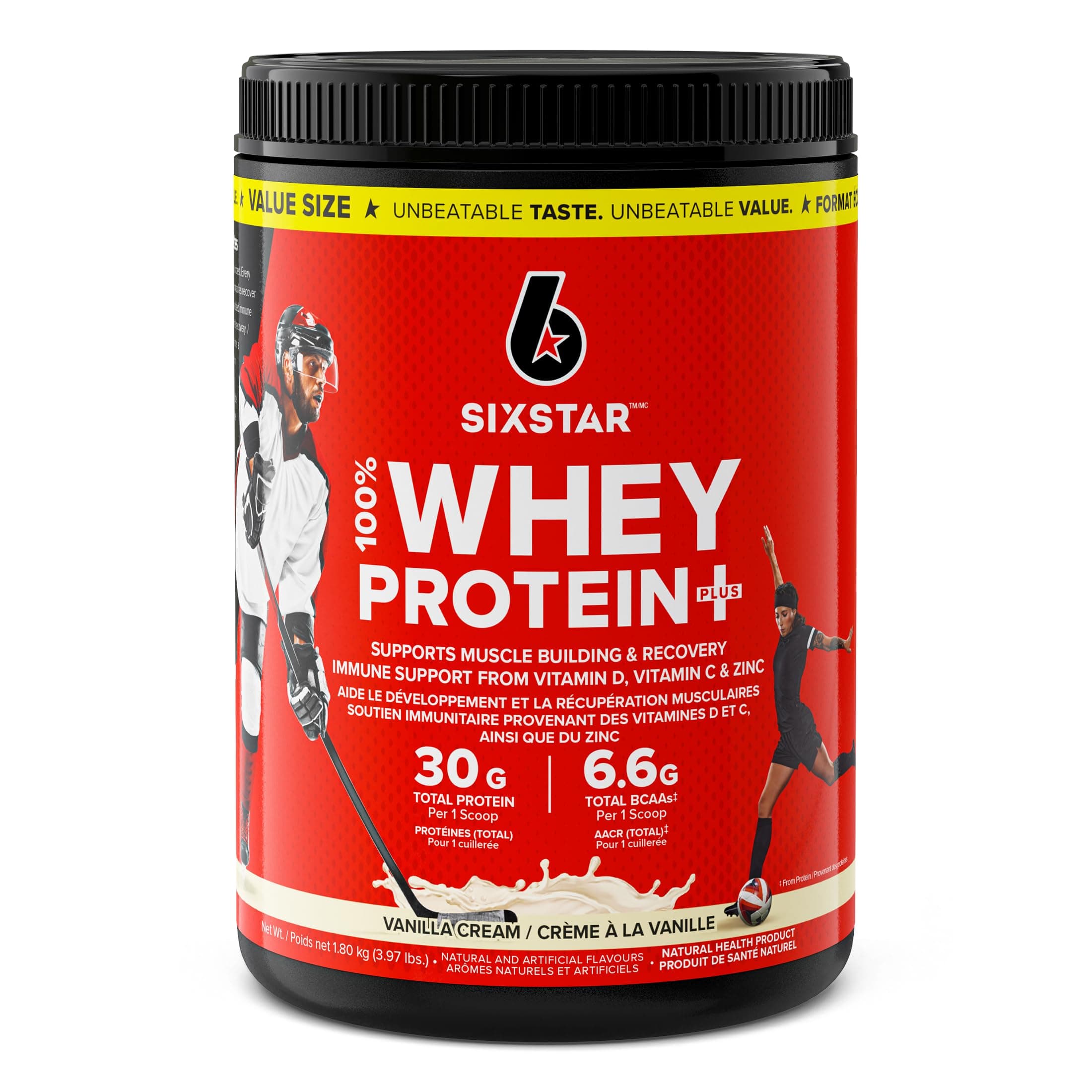 Six Star Whey Protein Powder Plus - Ultimate Muscle Building Formula with Whey Protein Isolate & Peptides - 30g of Protein & 6.6g of BCAA - Vanilla Cream Flavor, 39 Servings (Pack of 1)