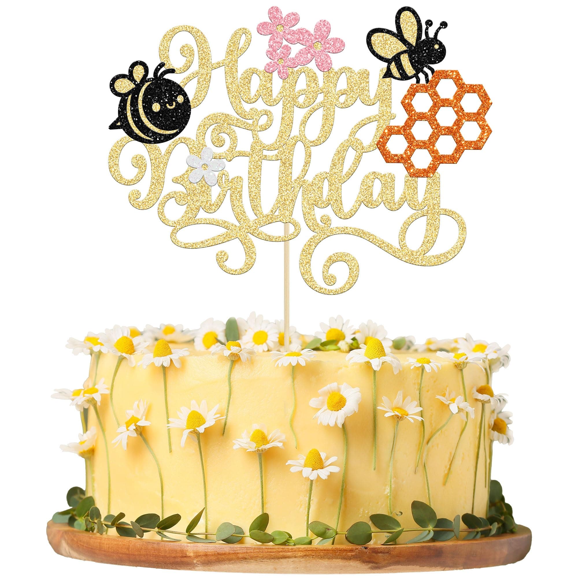 1 Pack Happy Bee Day Cake Topper Bumble Bee Happy Birthday Cake Decoration for Bee Theme Baby Shower Kids Boys Girls Birthday Party Cake Decorations Supplies Gold