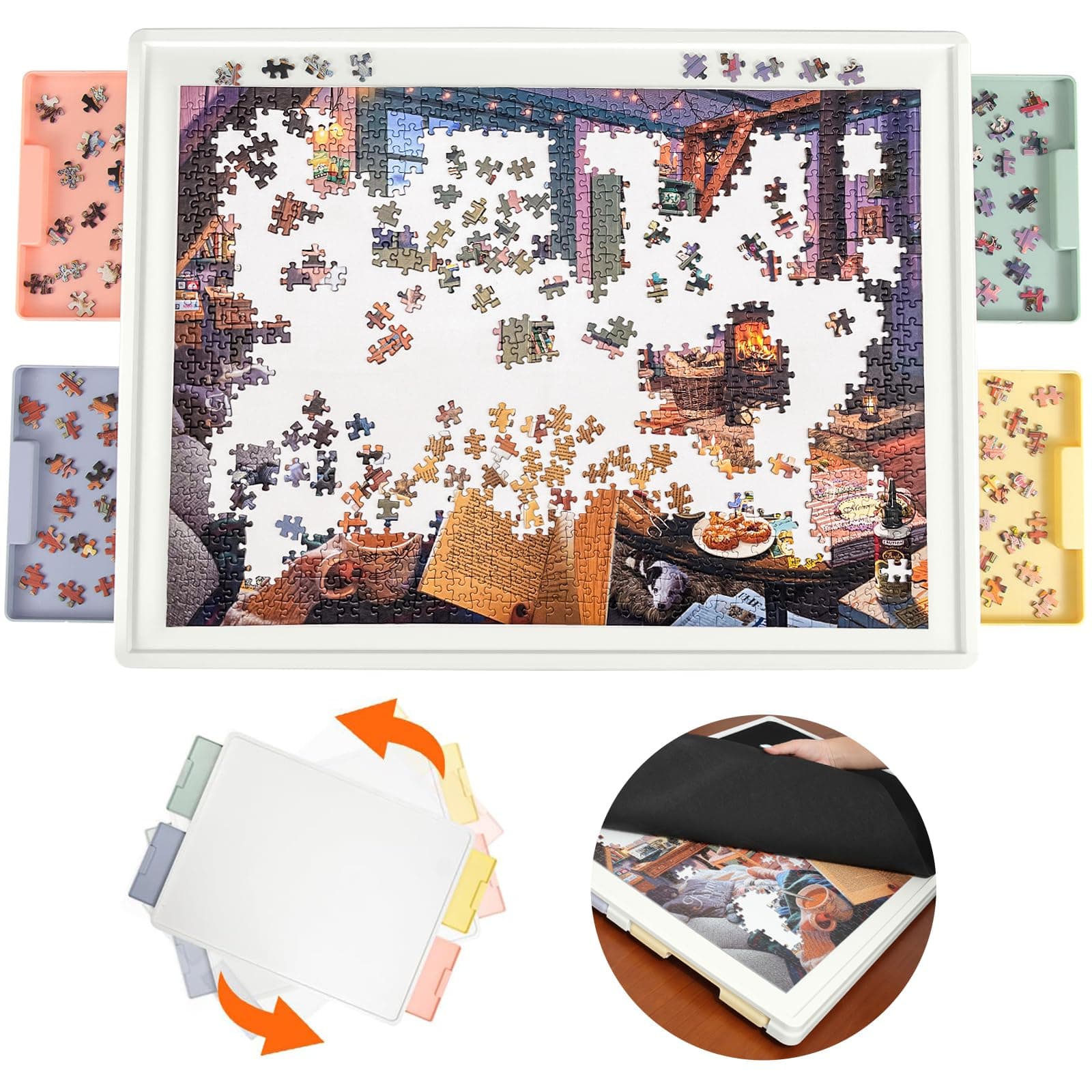 Playboda 1000 Pieces Rotating Puzzle Board with Drawers and Cover, 30"x22" Portable Spinning Jigsaw Puzzle Table for Adults, Upgraded Lazy Susan