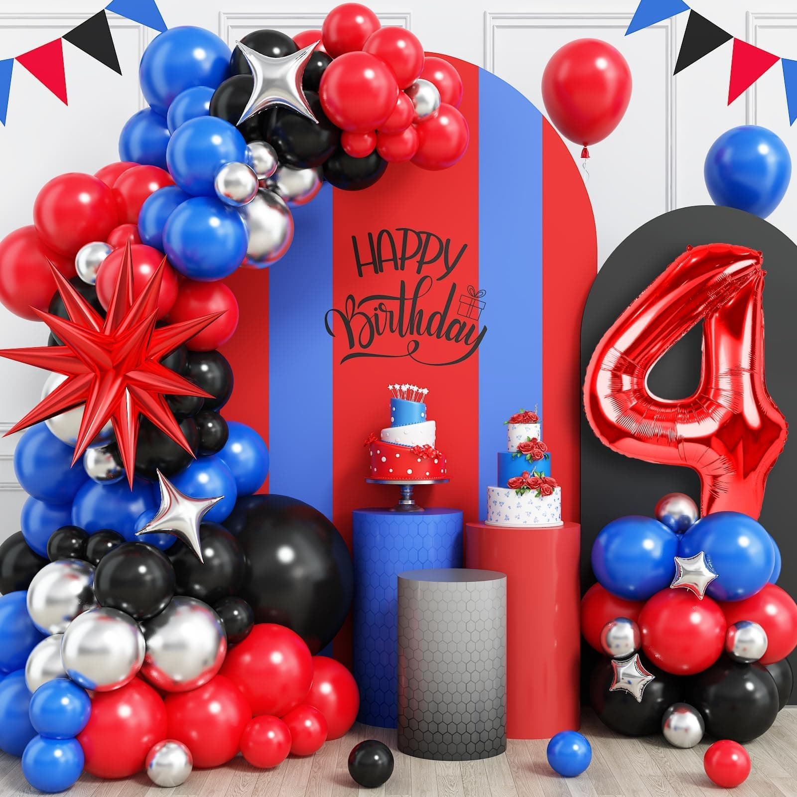 Spider 4th Birthday Balloons Decoration Balloon Arch Kit Royal Blue Black Red Silver Balloon Tower Number 4 Star Balloons for