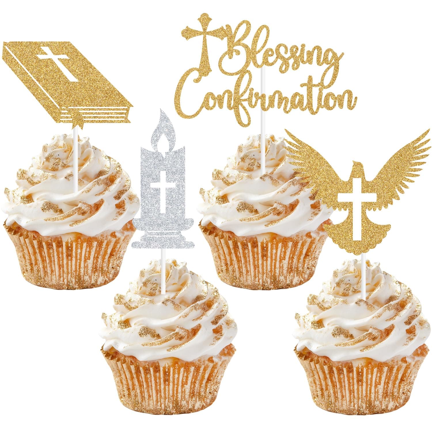 16PCS Glitter Blessing Confirmation Cupcake Toppers, First Holy Communion Christening Confirmation Religious Decor, God Bless Baptism Party Decorations Supplies