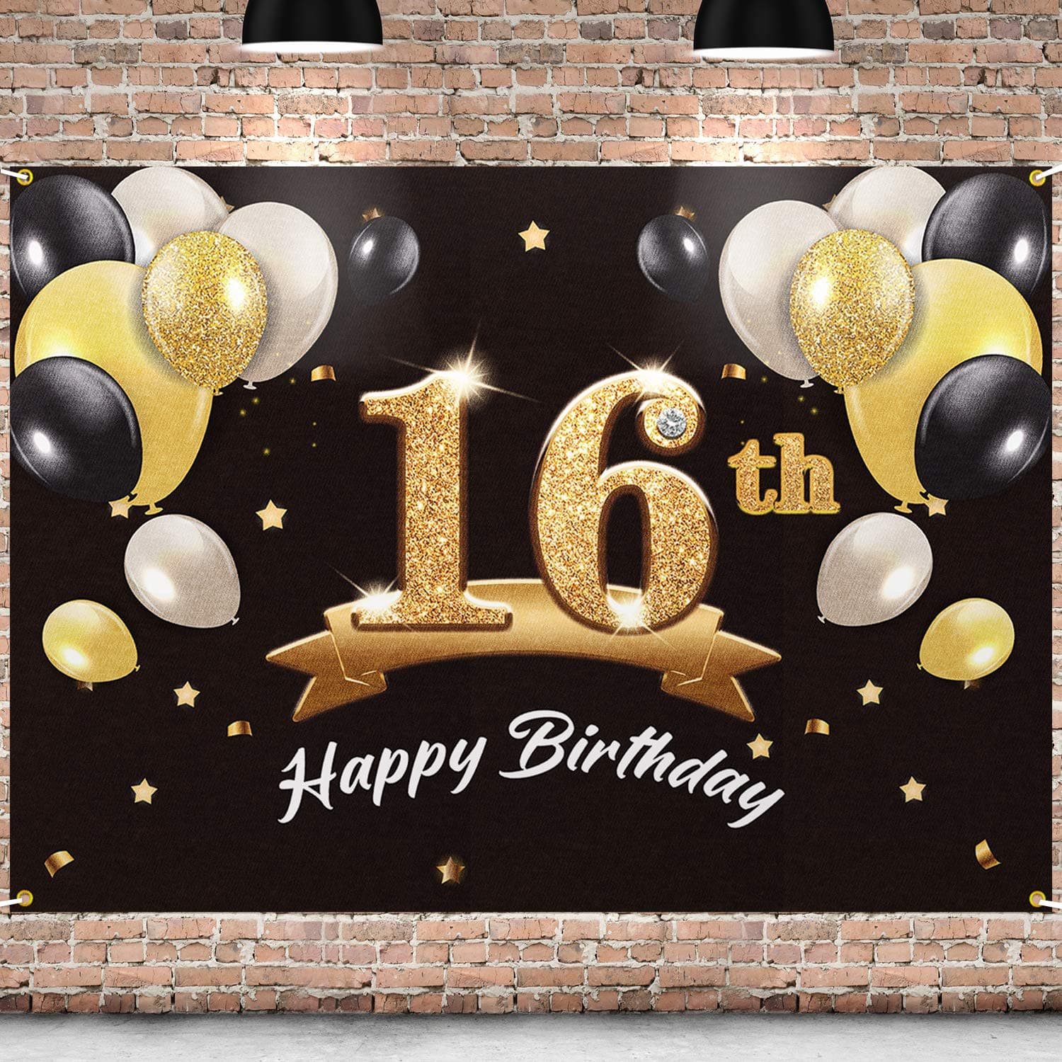PAKBOOM Happy 16th Birthday Banner Backdrop - 16 Birthday Party Decorations Supplies for Boys - Black Gold 4 x 6ft