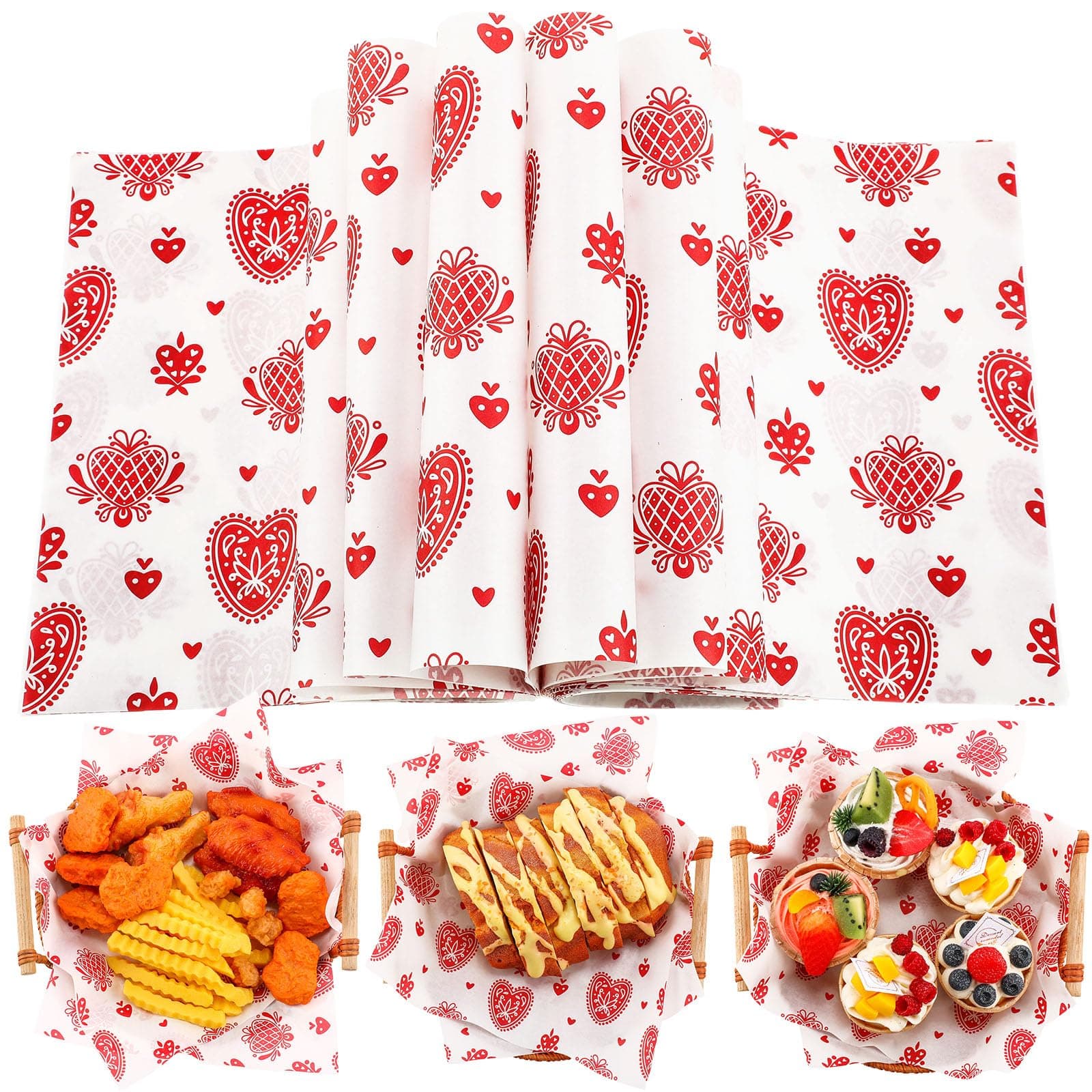 Supervitae 150 Pcs Valentine Wax Paper Sheets for Food Baking Sandwich Wrapping Tissue Heart Parchment Paper Greaseproof Waterproof Basket Liners for Picnic Valentine Party Favors(Decorate Heart)
