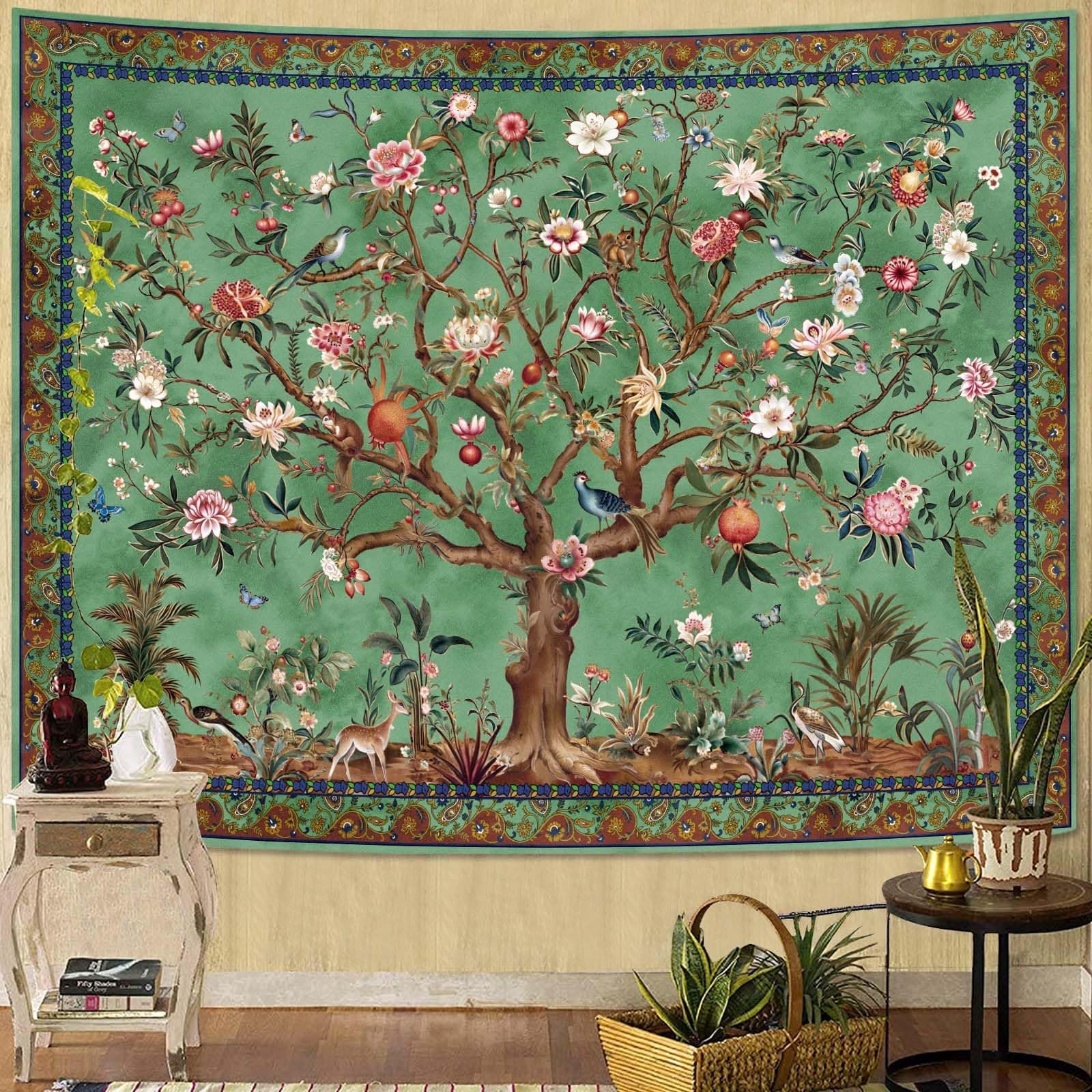 Faxdong Boho Tree of LIfe Tapestry, Vintage Flower Leaves Birds Plant Animal Pattern Tapestries, Retro Indian Bohemian Aesthetic Wall Hanging Green 44×60 inch
