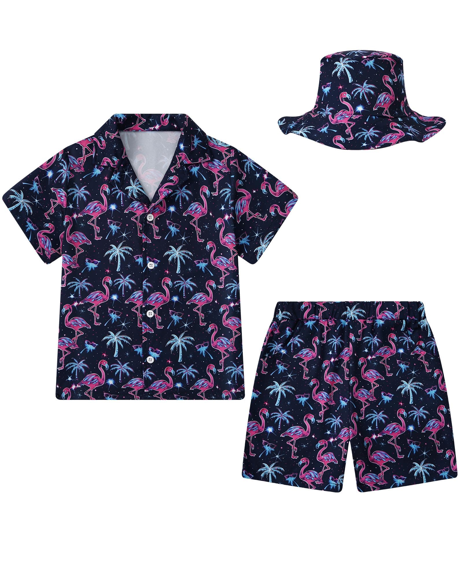ZOEREA Boys Hawaiian Outfit 3Pcs Kids' Summer Beach Clothes Set Luau Tropical Shirt Top +Shorts + Hat for Children 4-12 Year, Navy Blue - Flamingo, 7-8 Years
