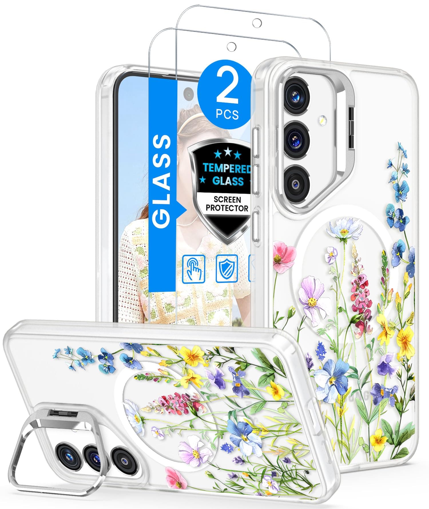 Dretal Magnetic Floral Phone Case for Samsung Galaxy S25 Ultra,Screen Protector,Built-in Lens Ring Stand,Translucent Matte Magnetic Shockproof Flower Pattern Cover for Women Girls,S25 Ultra(Florets)