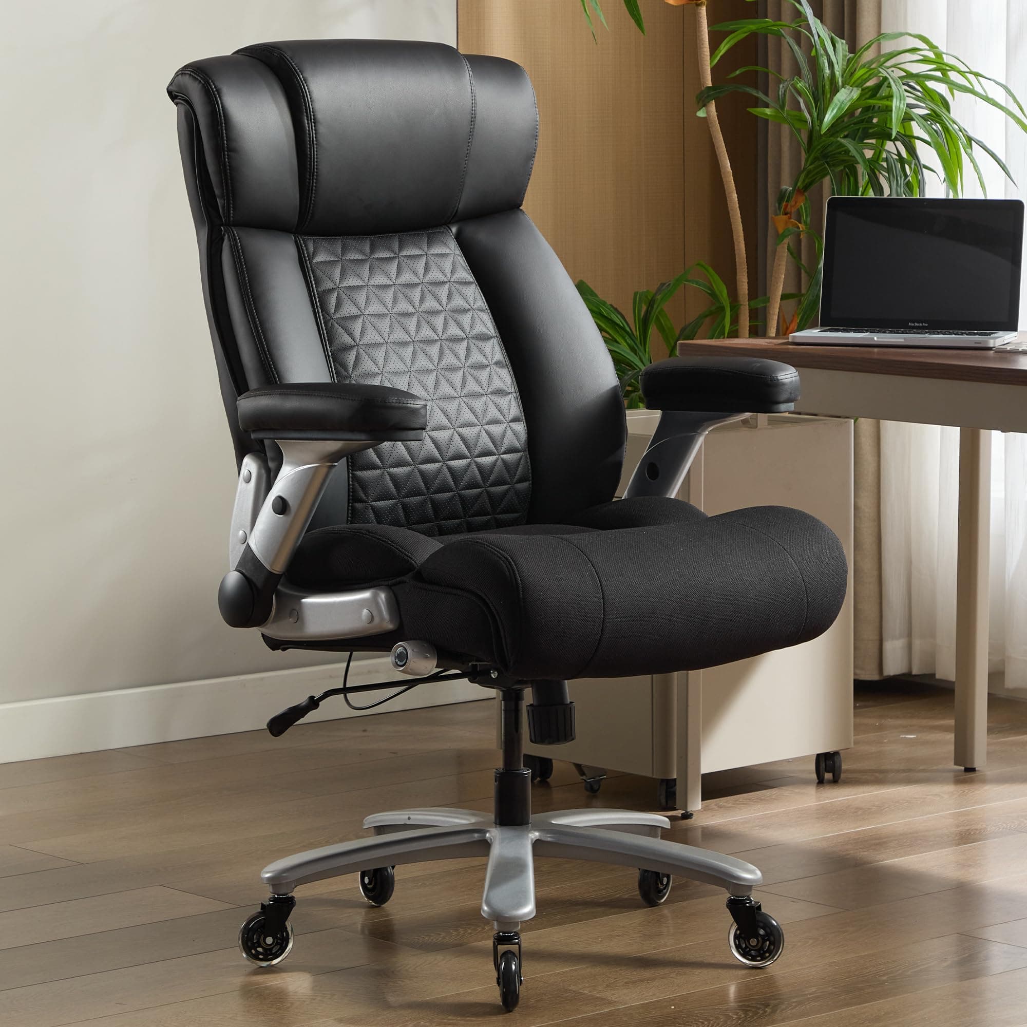 600lbs Big and Tall Office Chair with Flip Arms, Wide Plus Size Chair with Adjustable Lumbar Support for Heavy People, Ergonomic Chair with Breathable Leather, Quiet Rubber Wheels, Black