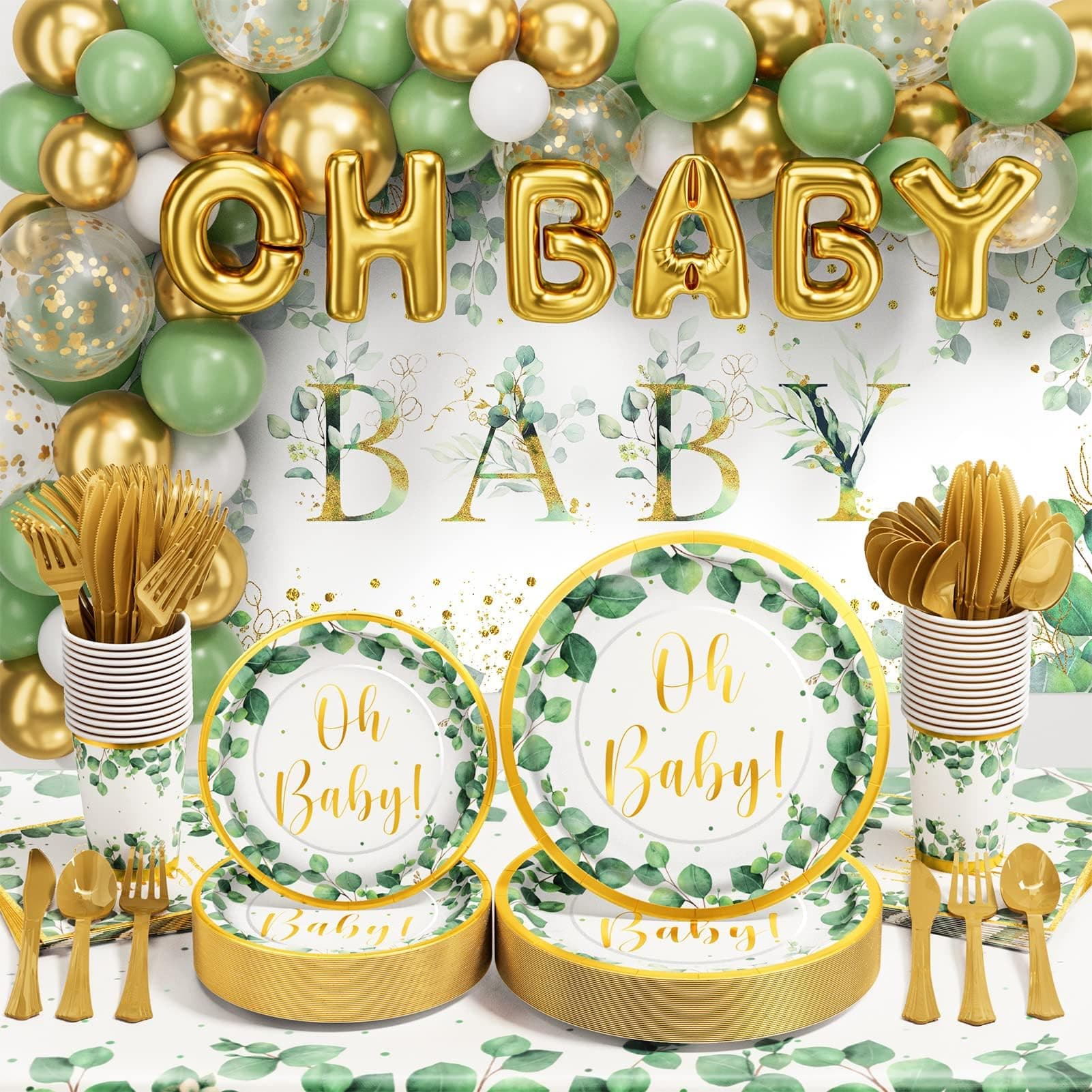 Girl Boy Sage Green Baby Shower Decorations 247 PCS (25 Guest) Boho Greency Party Supplies with Paper Plate Napkin Cup Cutlery & Tablecloth Oh Baby Backdrop Balloon Garland Kit for Gender Reveal Decor