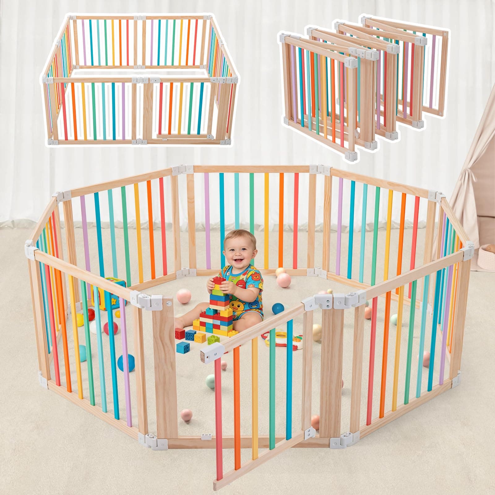 Foldable Wooden Playpen-61"x61"x25"-Large Baby Gate Playpen with Child-Proof Lock-Easy Assembly, Portable Design for Babies & Toddlers- Shape& Size Adjustable Baby Fence Play Area（Multicolor）
