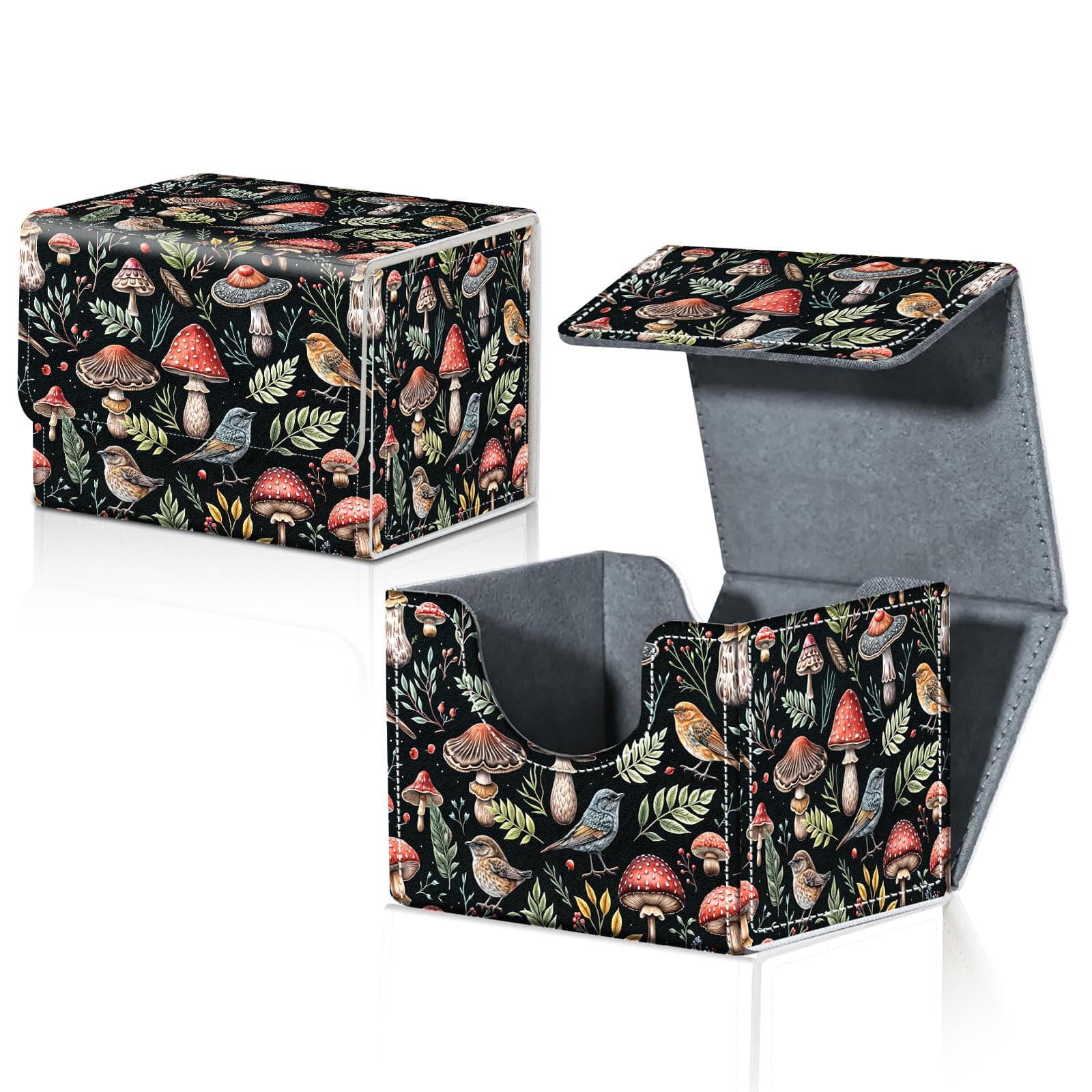 CAPAUNVDA Card Deck Box for MTG Trading Cards with Magnetic Closure,Premium Card Storage Box Case Cover for TCG CCG Magic Cards,Mushroom and Birds
