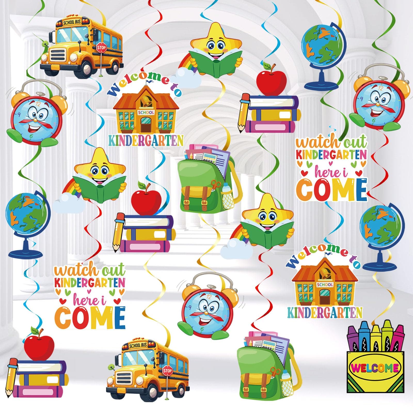 Welcome to Kindergarten Swirls, Watch Out Kindergarten Here I Come Hanging Swirls, First Day of Kindergarten Decorations, Back to School Kindergarten Hanging Decor Supplies