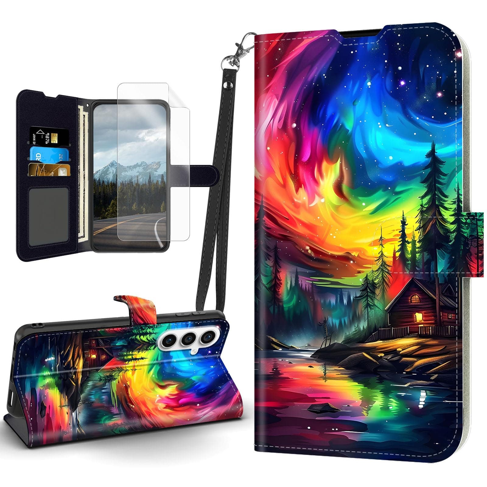 Tudguiloae for Samsung Galaxy S24 Case, Flip PU Leather Magnetic Clasp Cell Phone Wallet for Galaxy S24 5G, Kickstand Shockproof Cover Wristlet Card Holder Slot Soft Film, Colorful Night Sky