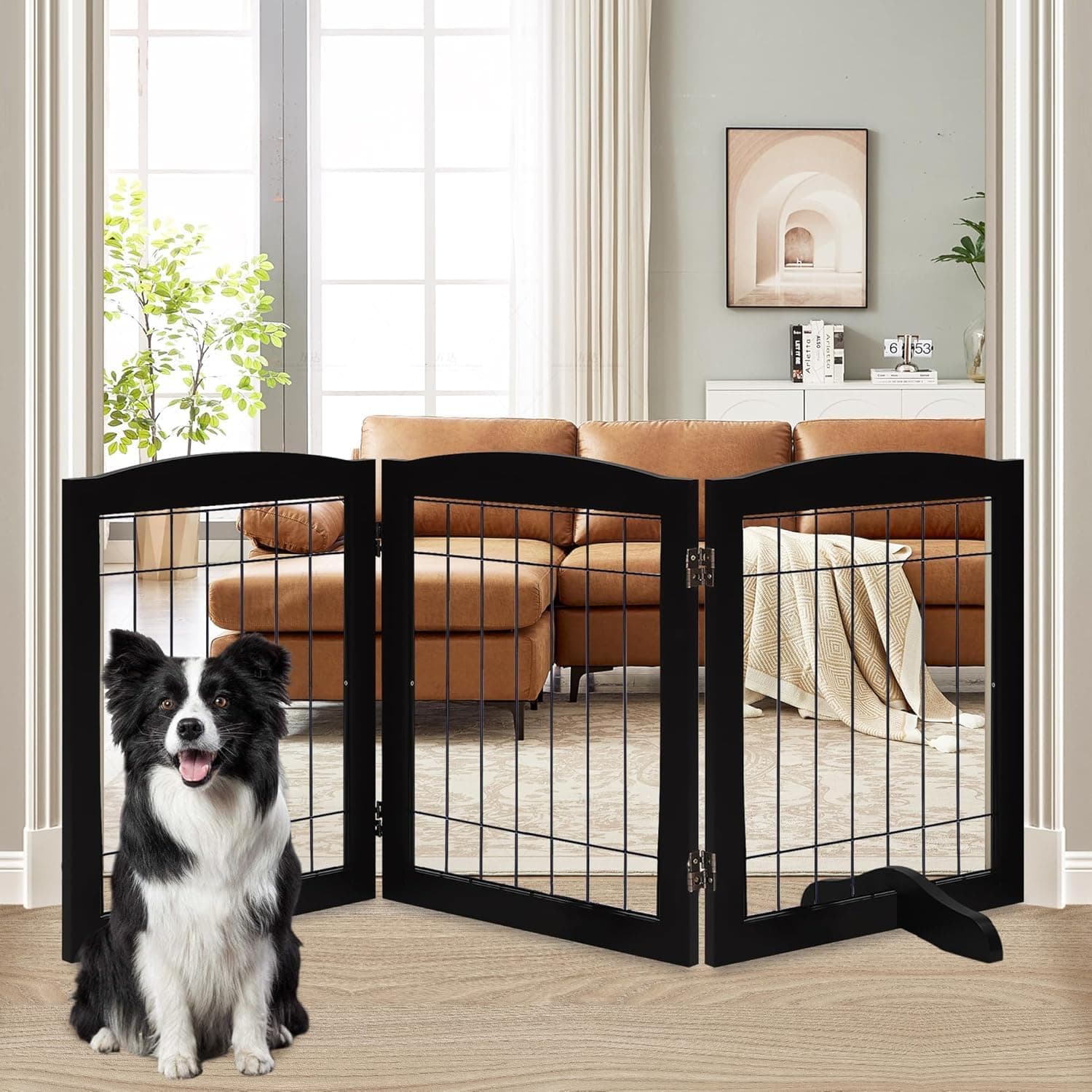 LZRS 3-Panel Freestanding Wooden Dog Gate—30" Tall Foldable Pet Barrier with Support Feet, Chew-Resistant Solid Hardwood & Steel Wire Safety Fence for Doorways, Hallways, and Stairs, Black