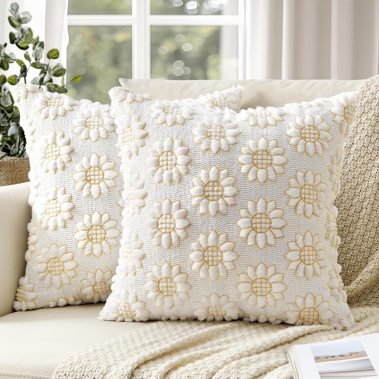 SWANCOCO Spring Pillow Covers 20x20 inch Set of 2 Pure White Spring Summer Flower Sunflower Pillowcases Farmhouse Decorative Soft Plush Faux Fur Jacquard for Couch Sofa Home Decor