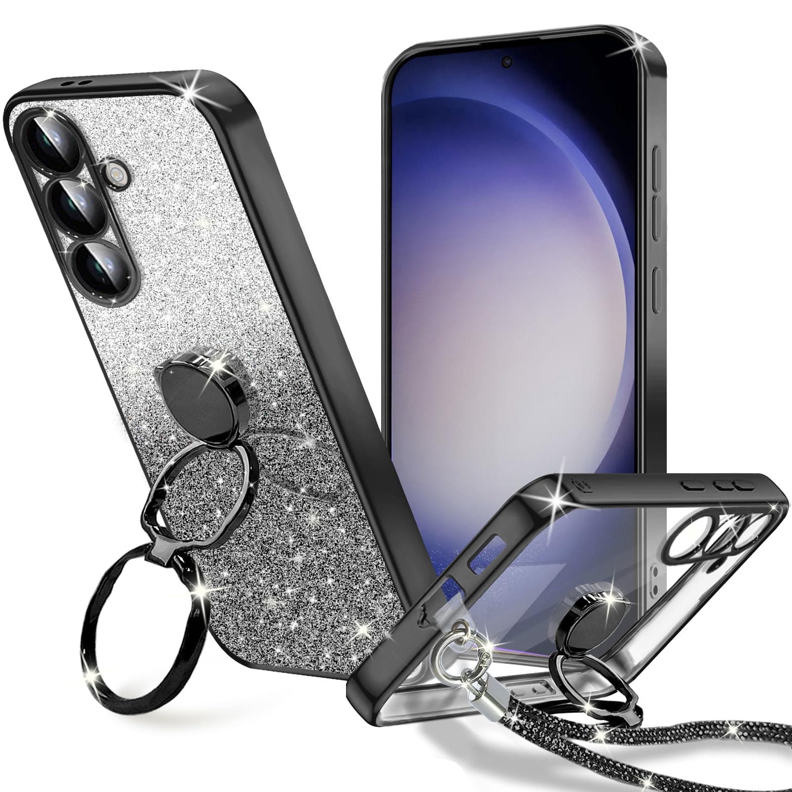 KAJICOO for Samsung Galaxy S24 Case Double Ring Kickstand Glitter Card & Strap, Lightweight Thin Protective Phone Cover Cute Women Girls Bling Luxury for Samsung S24 Phone Case - Black