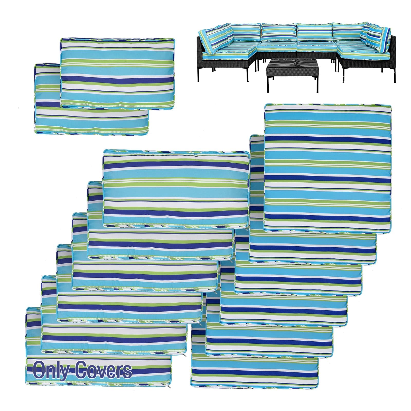 VIXLON 14Pcs Patio Cushion Covers Replacement Splashproof UV-Resistant Inelastic Covers with Zippers, Max Compatible 23.6x23.6x3.9 inch Patio Cushion, for 7 Pcs Outdoor Patio Furniture Sets