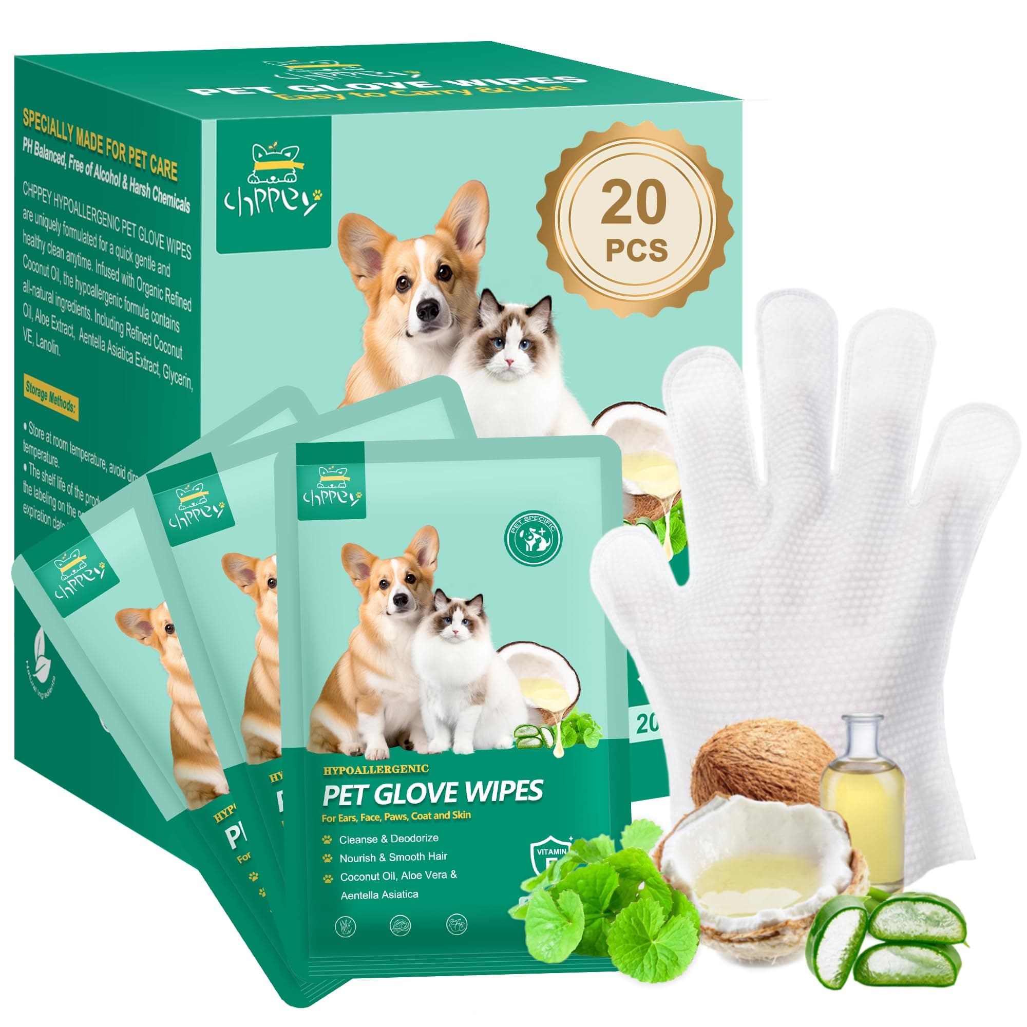 CHPPEY 20 PCS Pet Cleaning and Deodorizing Bathing Grooming Glove Wipes for Dogs and Cats, Extra Thick Nourish Fur No-Rinse Grooming Wipes for Daily Care and Travel, Hypoallergenic