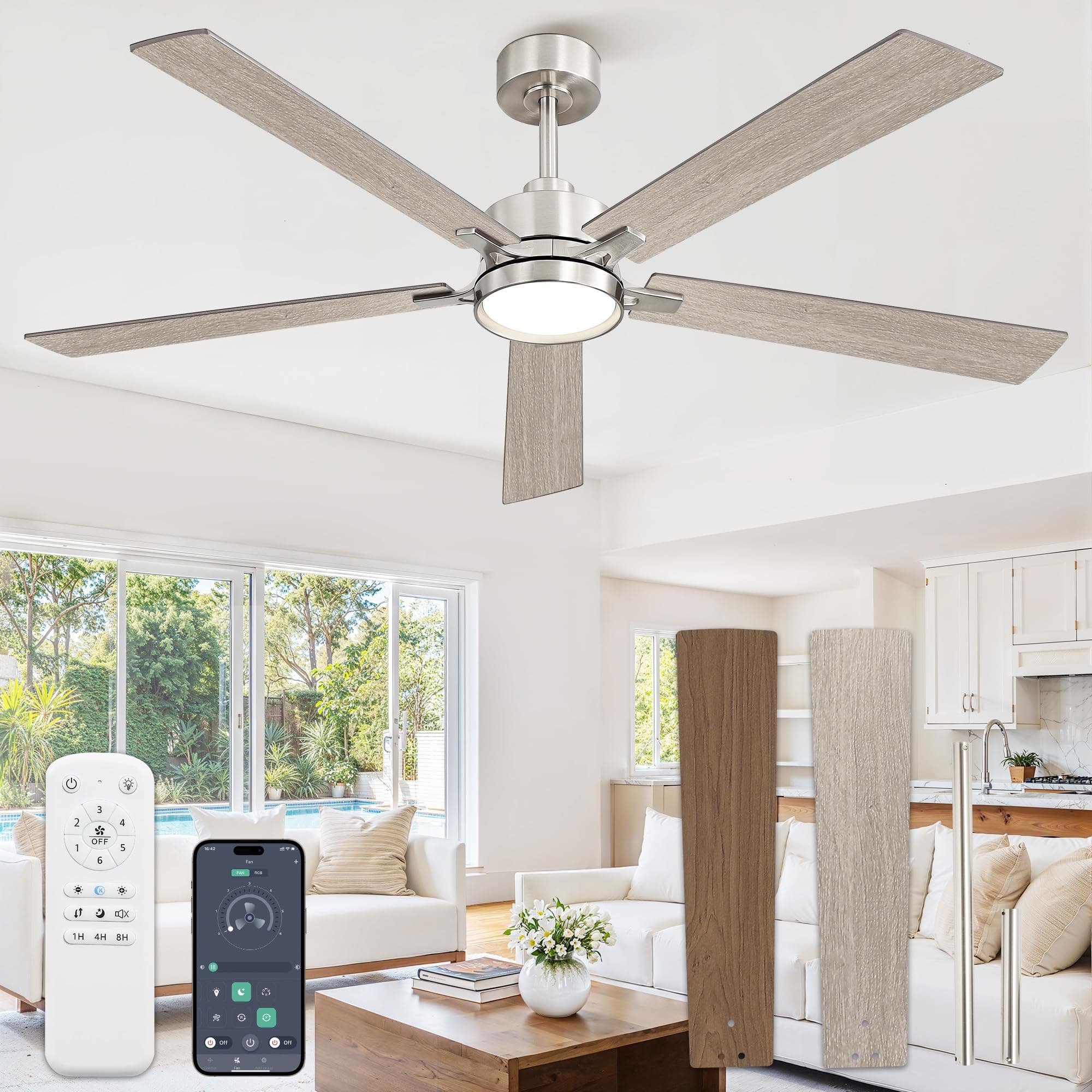 Glowivia 60 Inch Large Ceiling Fans with Lights and Remote, Modern Ceiling Fan with 3CCT LED Light, Quiet DC Motor,Indoor/Outdoor Ceiling Fan with Dual Finish Blades for Living Room, Patio