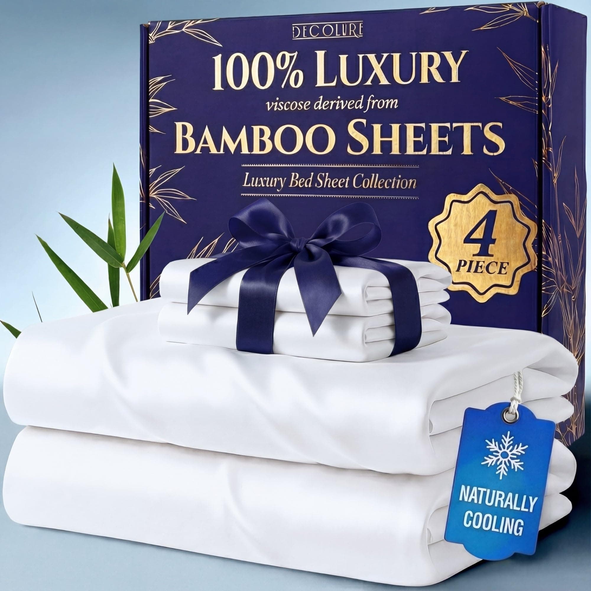 DECOLURE 100% Organic Bamboo Viscose Sheets King Size 4 pcs - Ultra Soft & Luxuriously Cooling, 16" Deep Pocket, Double Stitching, Perfect for Hot Sleepers - Luxury King Bed Sheets Set (White)