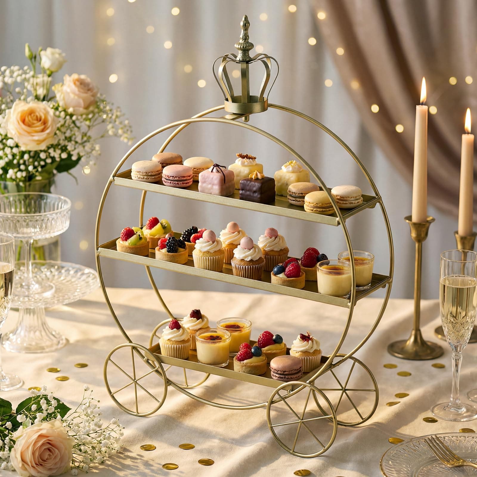 Yiyiring 3 Tier Gold Cupcake Stand Crown Carriage Dessert Table Display Stand Tiered Serving Tray Holds Elegant Dessert Holder Pastry Ornaments for Wedding Birthday Party Afternoon Tea Table Decor
