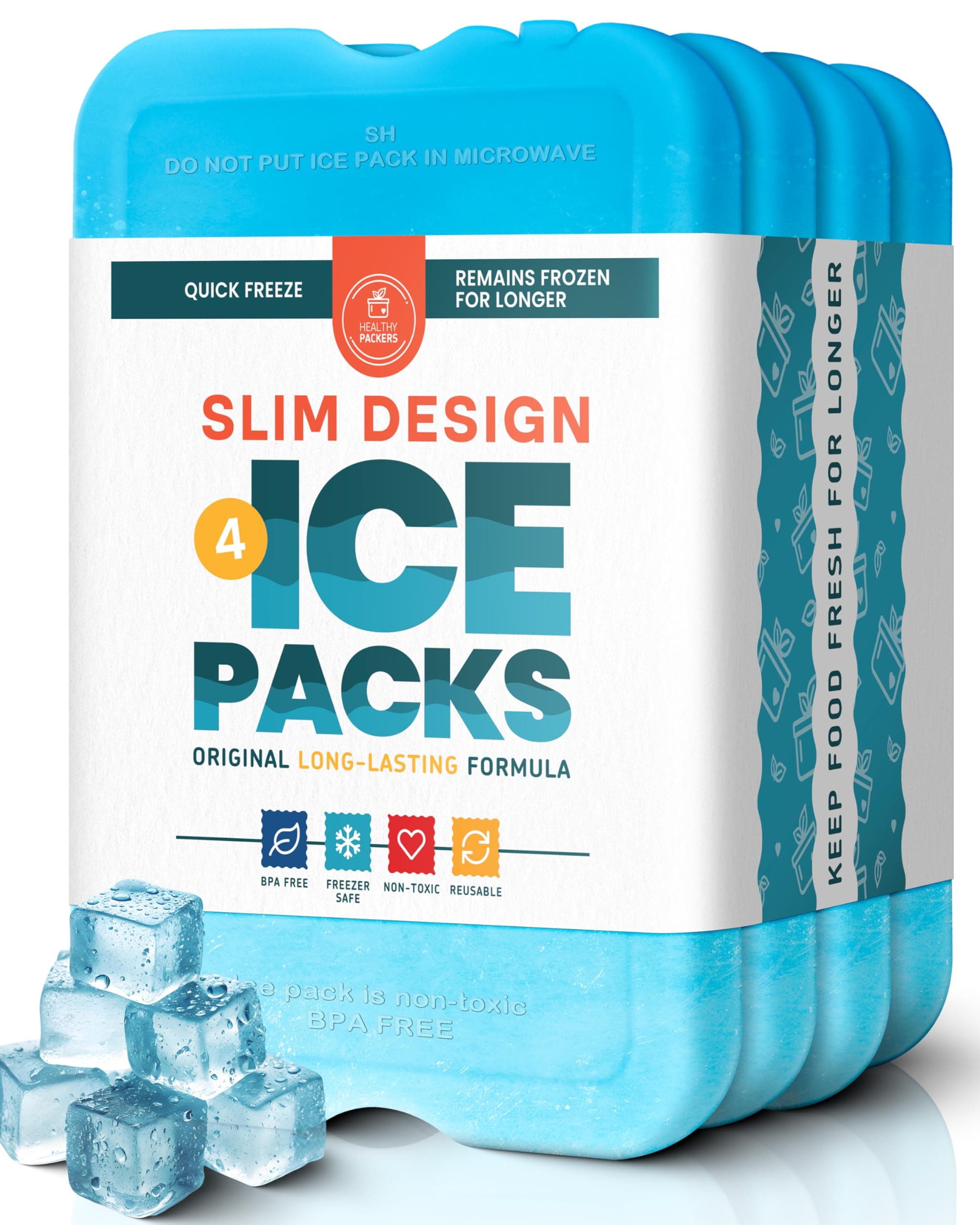 Healthy Packers Ice Packs for Lunch Boxes & Coolers, Slim Reusable 4-Pack