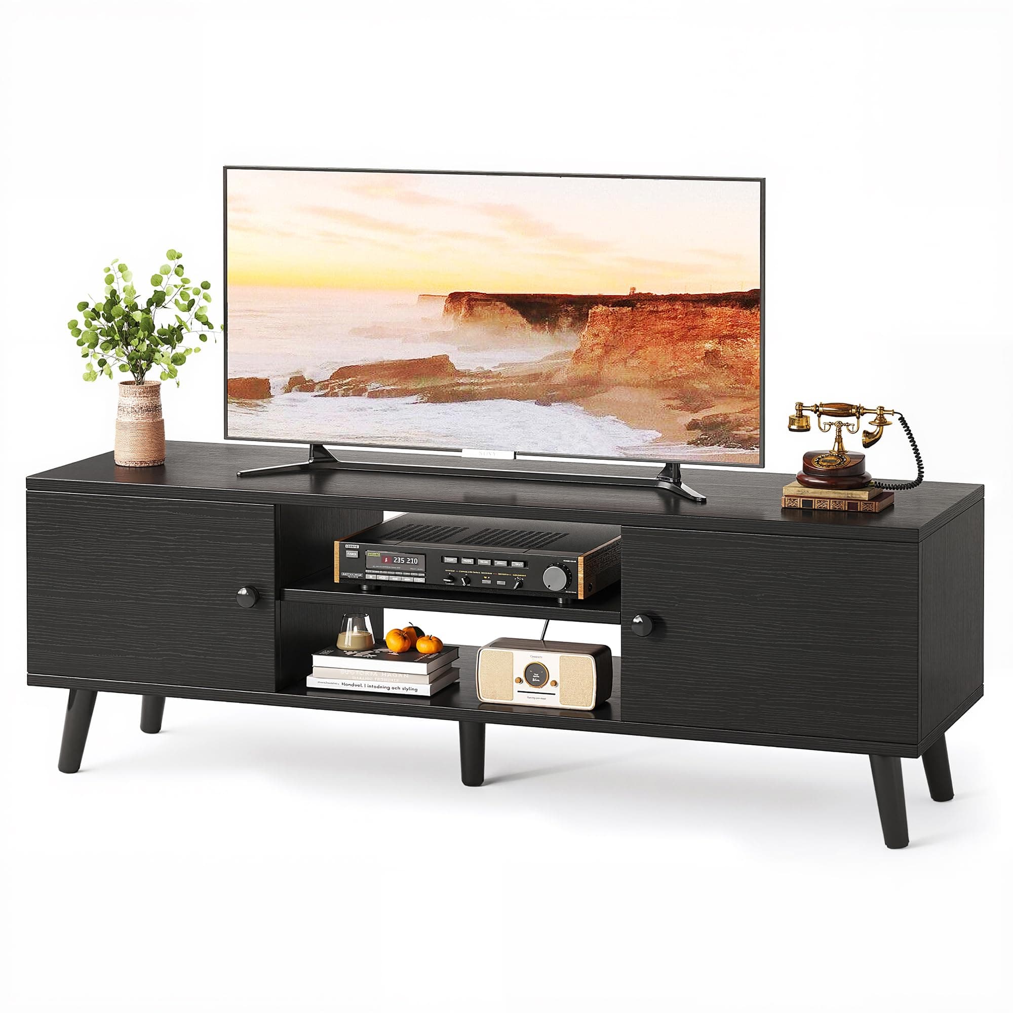 Mexin TV Stand for 55 60 Inch TV, Entertainment Center with Storage, TV Console Bench with 2 Cabinets 4 Cord Holes for Living Room Bedroom - Black