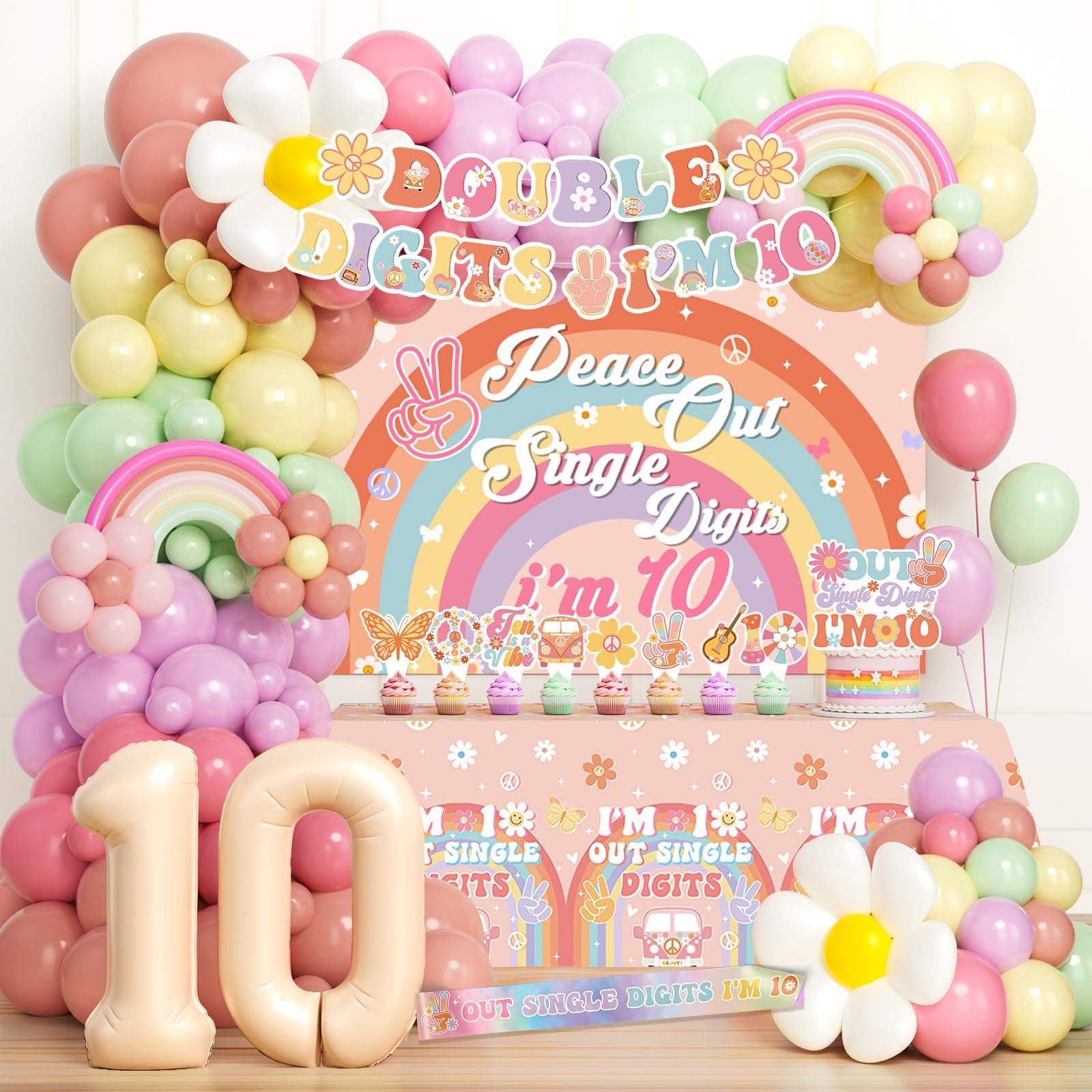 Peace Out Single Digits Party Decor, Double Digits Birthday Girl Decorations, Groovy Birthday Decor for 10 Year Old, Retro Hippie Party Supplies with Balloons Tablecloth Backdrop Banner and More