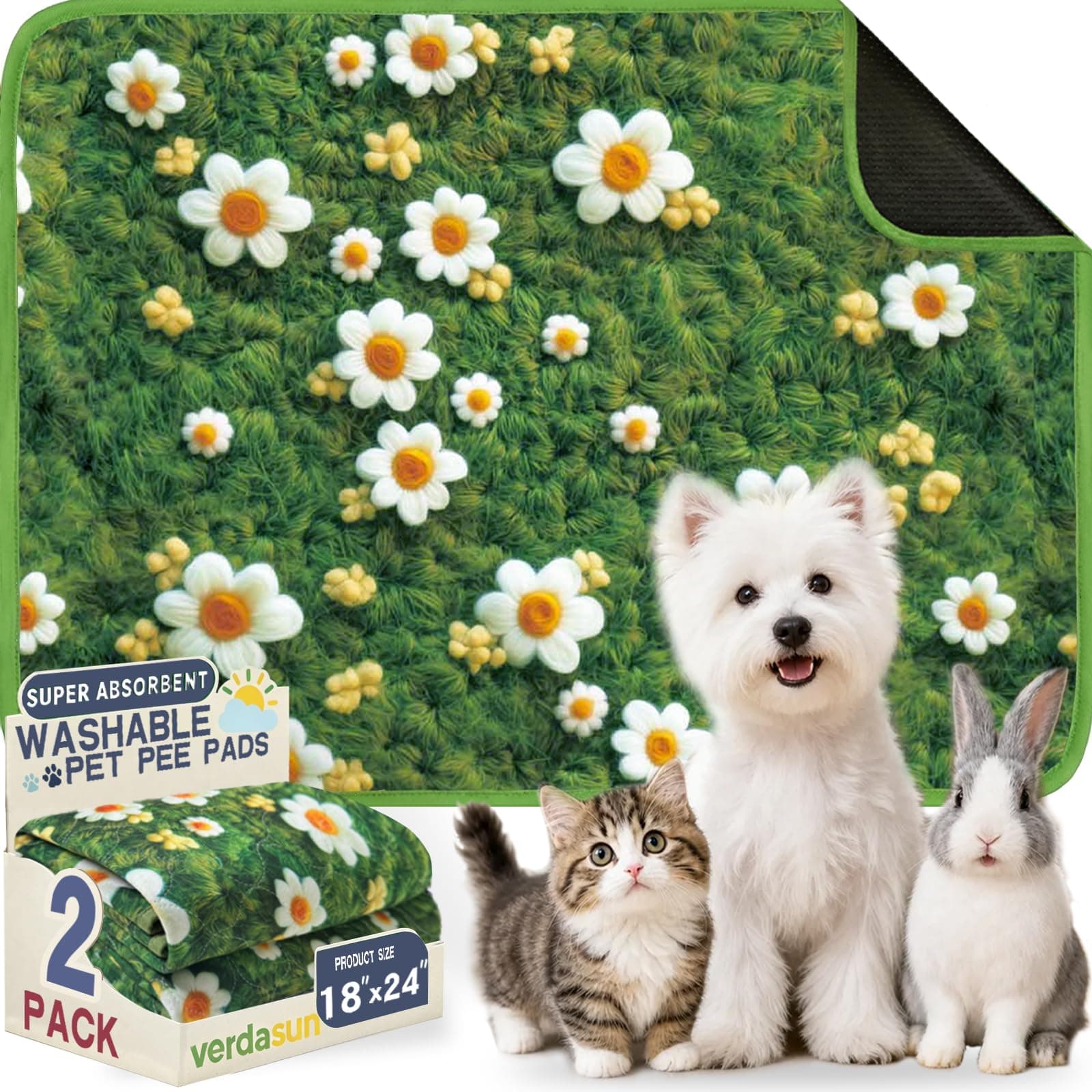 Verdasun Washable Pee Pads for Dogs 18"x24" 2 Pack Reusable Puppy Potty Pad
