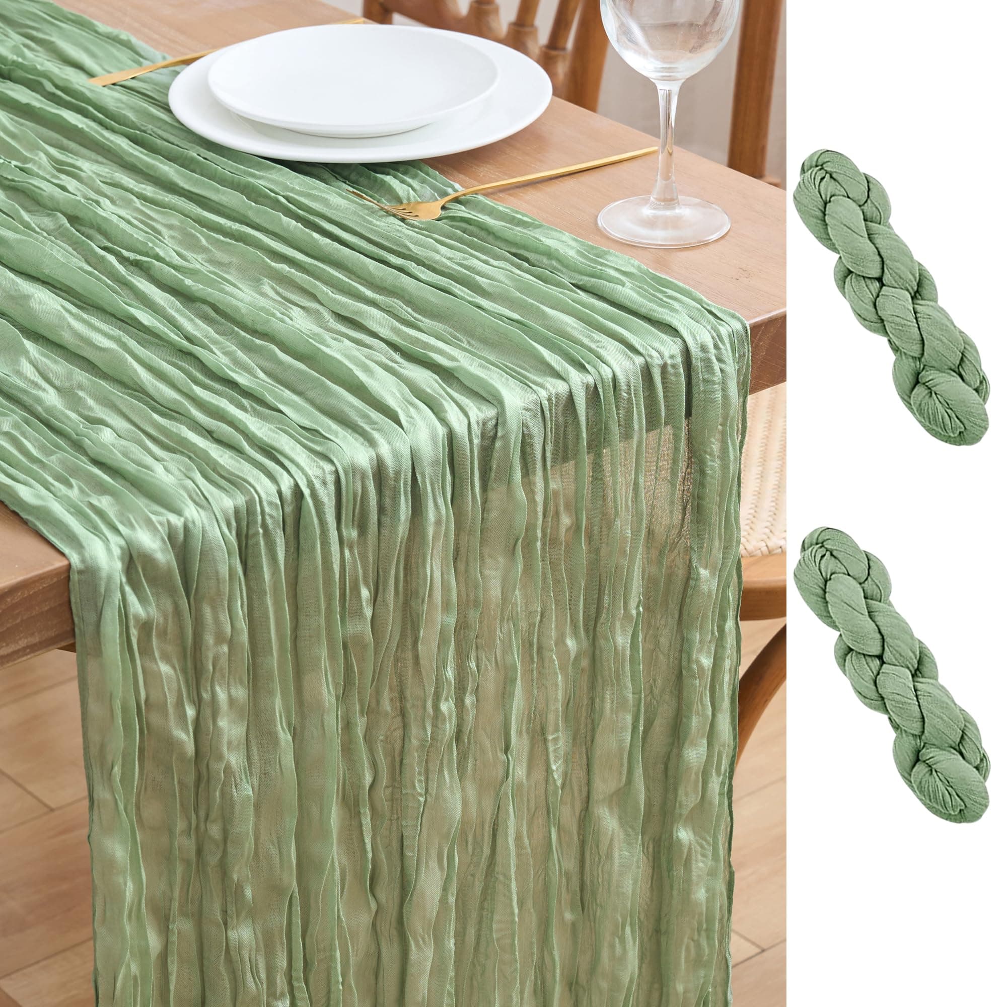 Asee'm 2pcs Sage Green Cheesecloth Table Runner Summer 10FT Gauze Sheer