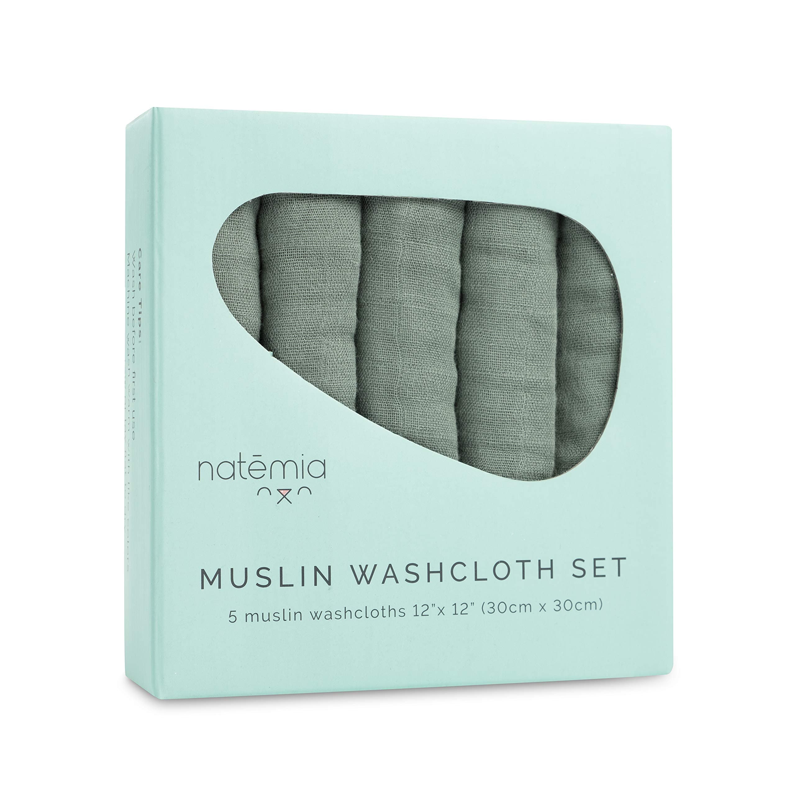 Natemia Bamboo Muslin Baby Washcloths | Large 12”x12” Size | Super Absorbent and Ultra Soft Bamboo Towel | 6-Layer Design | 5-piece Gift Set