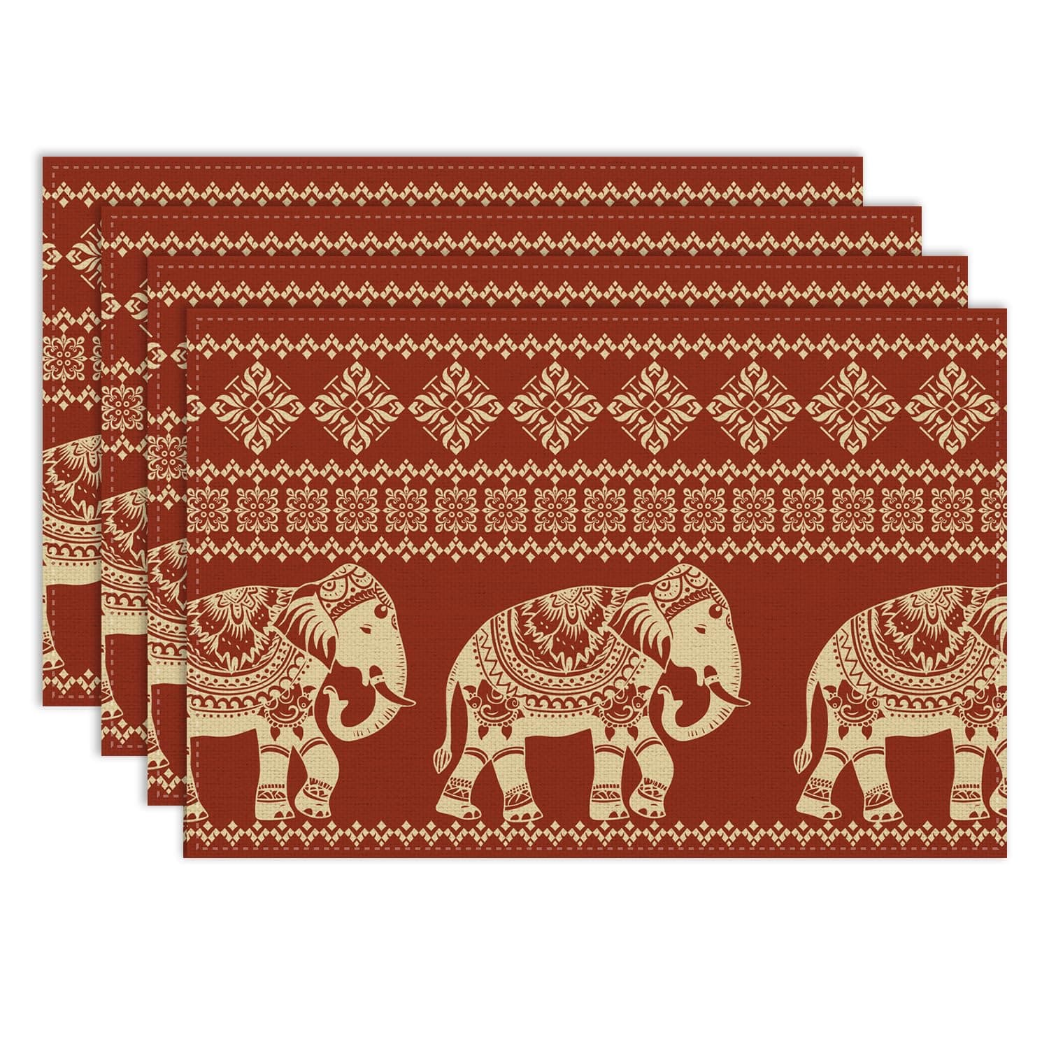 African Tribe Placemat Set of 6, 12x18 Inch Rustic Boho Red Indian Elephants Traditional Tribal Ethnic Folk Coffee Table Mats for Outdoor Farmhouse Kitchen Dining Table Decoration