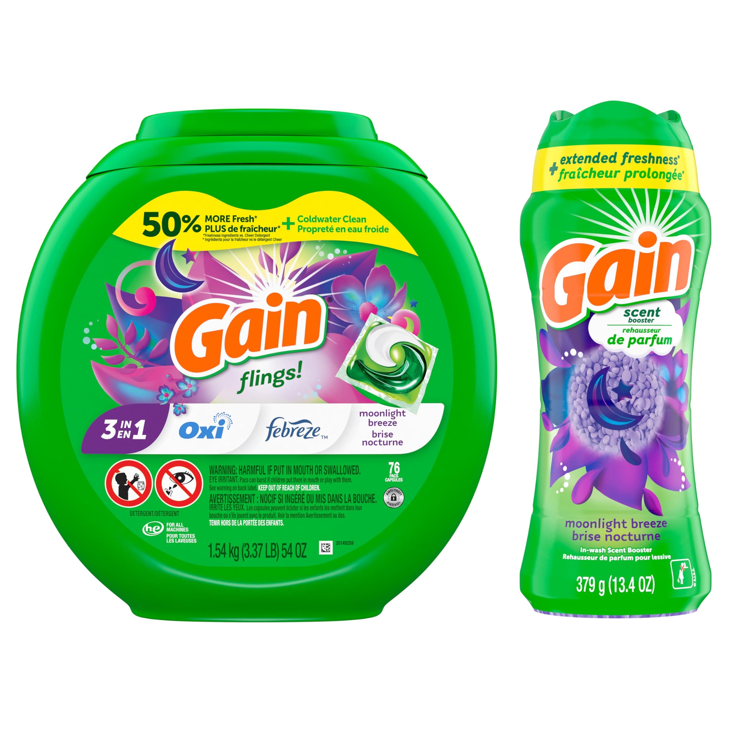 Gain Moonlight Breeze Laundry Bundle, includes Laundry Detergent Flings 76ct + Scent Boosters 379g