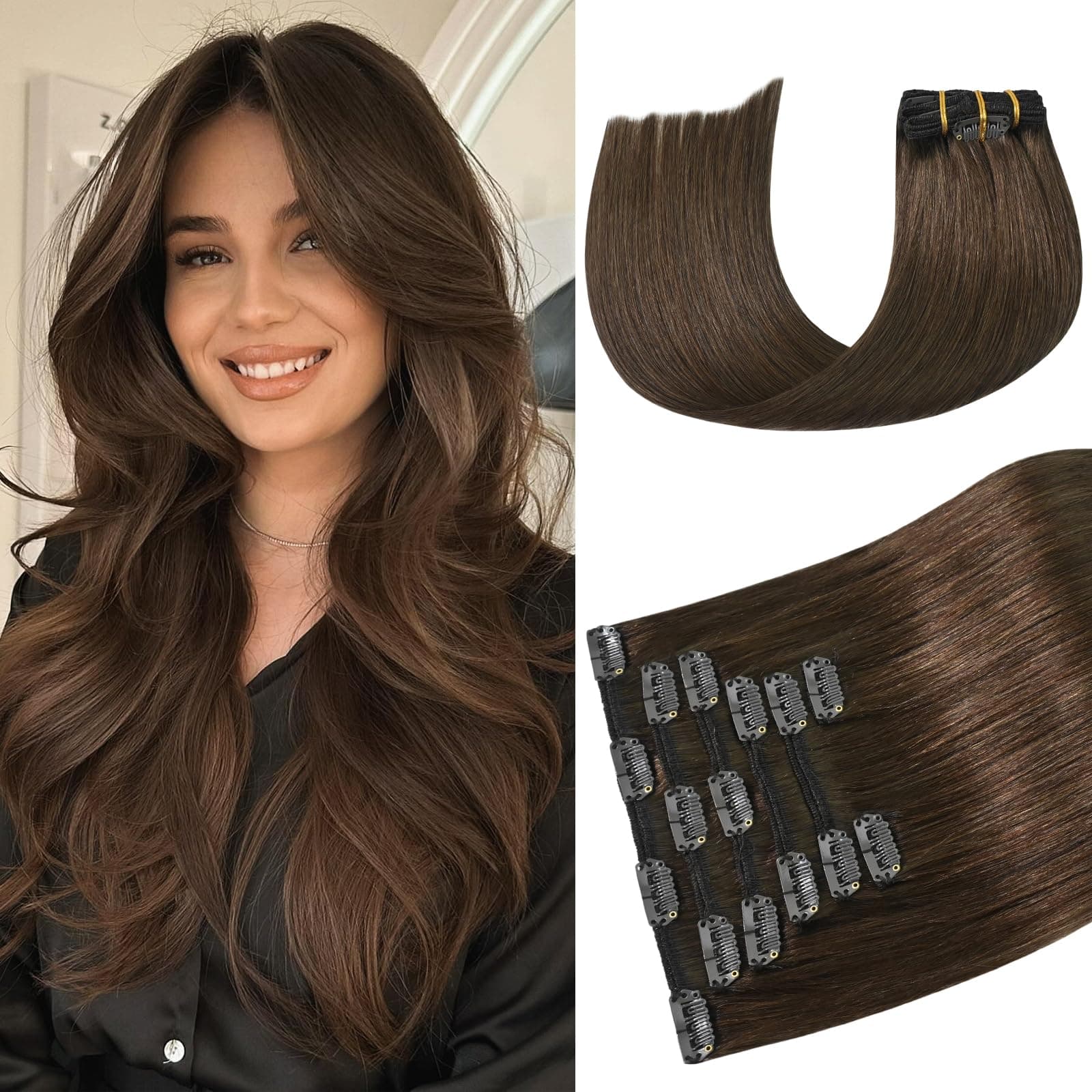 Ukira Clip in Hair Extensions Human Hair Brown Hair Extensions 18 Inch 75g 7pcs Medium Brown Hair Extensions for Women, Remy Human Hair Clip in Extensions for Women Rallonge Cheveux Humain