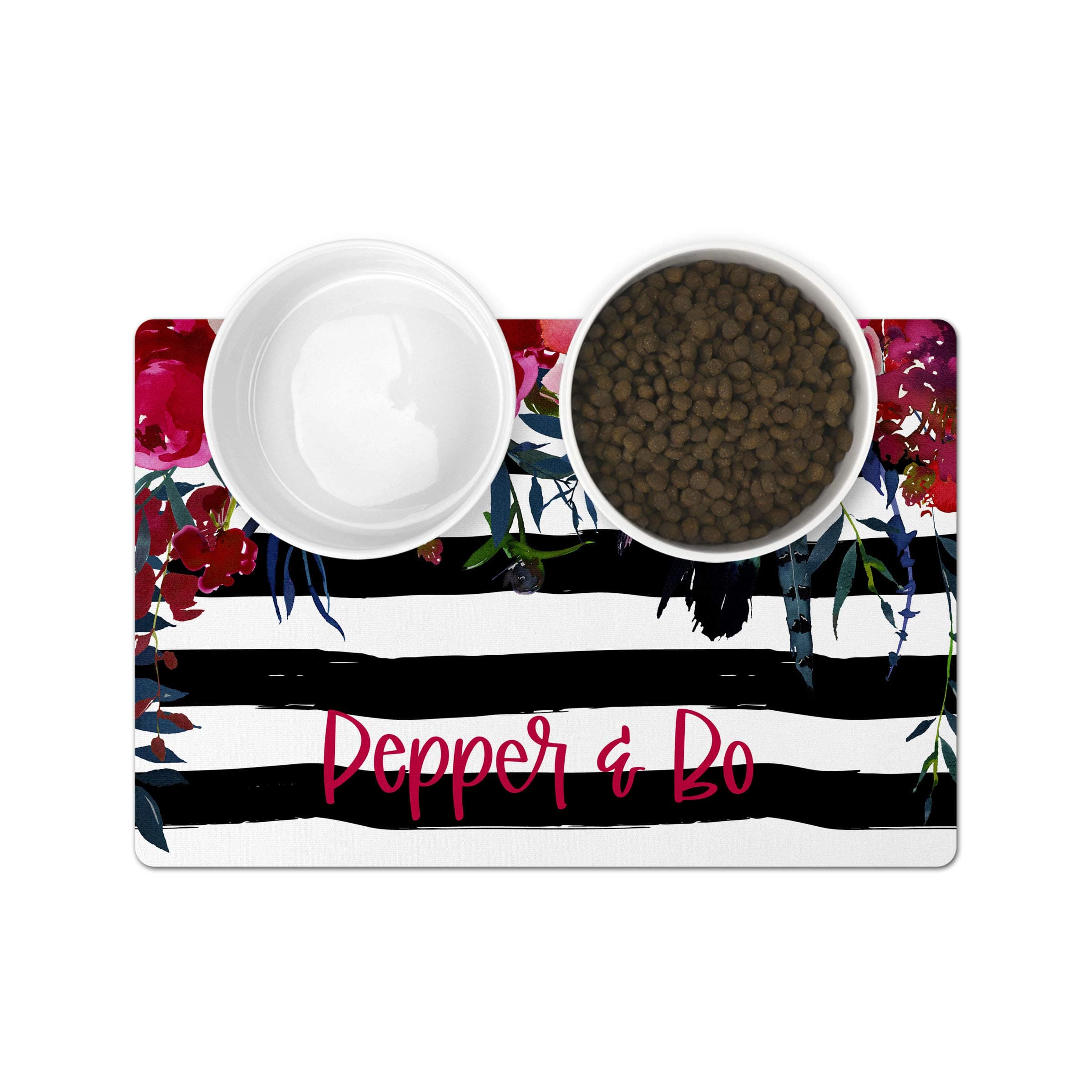 The Navy Knot Personalized Pet Mat - Neoprene, Sturdy & Non-Skid Back - Cats & Dogs Feeding Mat - Petfood, Water & Dish Bowl Pad - Edge Corner Utility Placemat (10x16, Red Floral Drop)