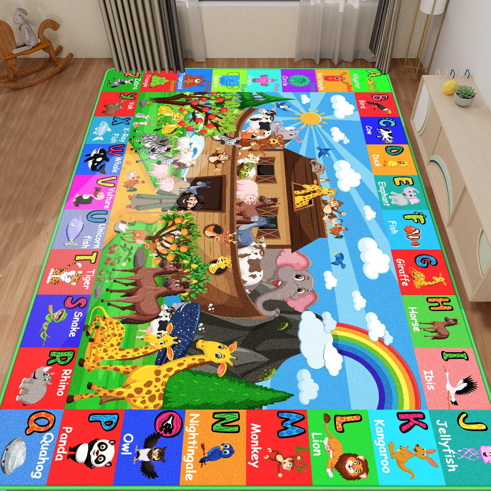 DINSUMRUG ABC Kids Rug for Playroom 200×150 CM Noah's Ark Animals Rug Baby Play Mat Alphabet Carpet Shape Color Classroom Mat Kids Playroom Rug Early Learning Carpet for Preschool Toddlers Tummy Time